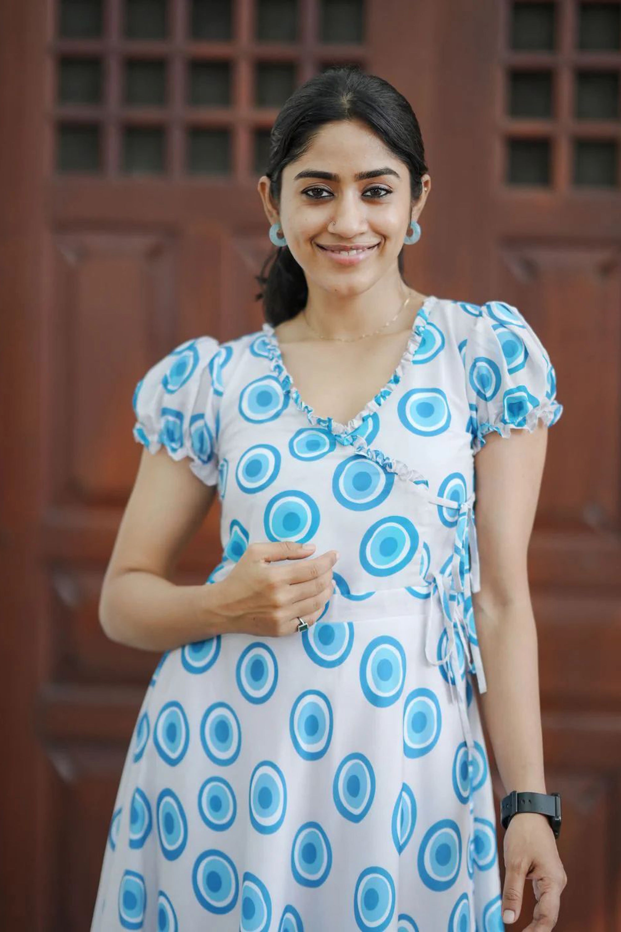 Women's White And Sky Blue Geometric Print Muslin Dress