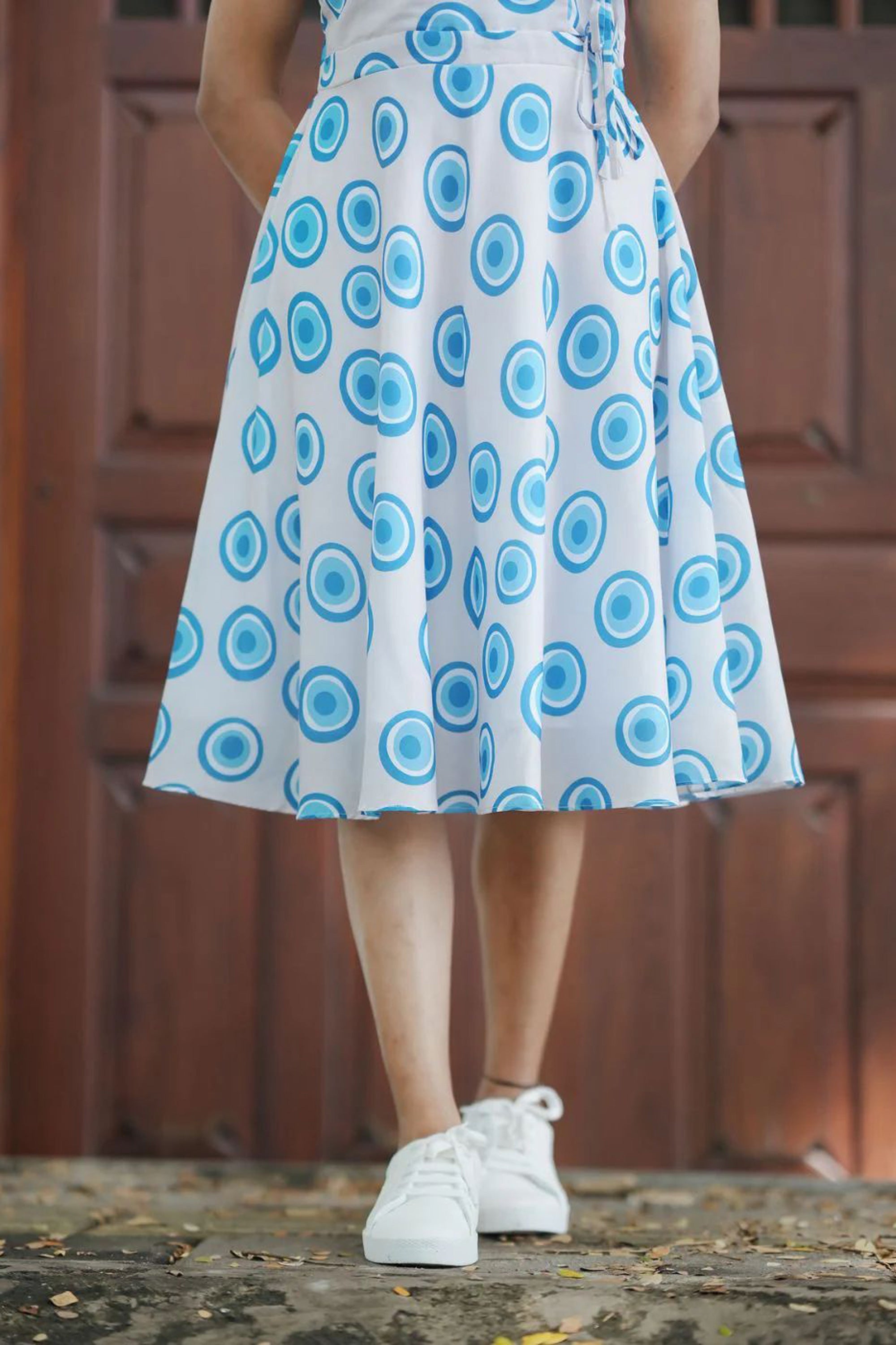 Women's White And Sky Blue Geometric Print Muslin Dress