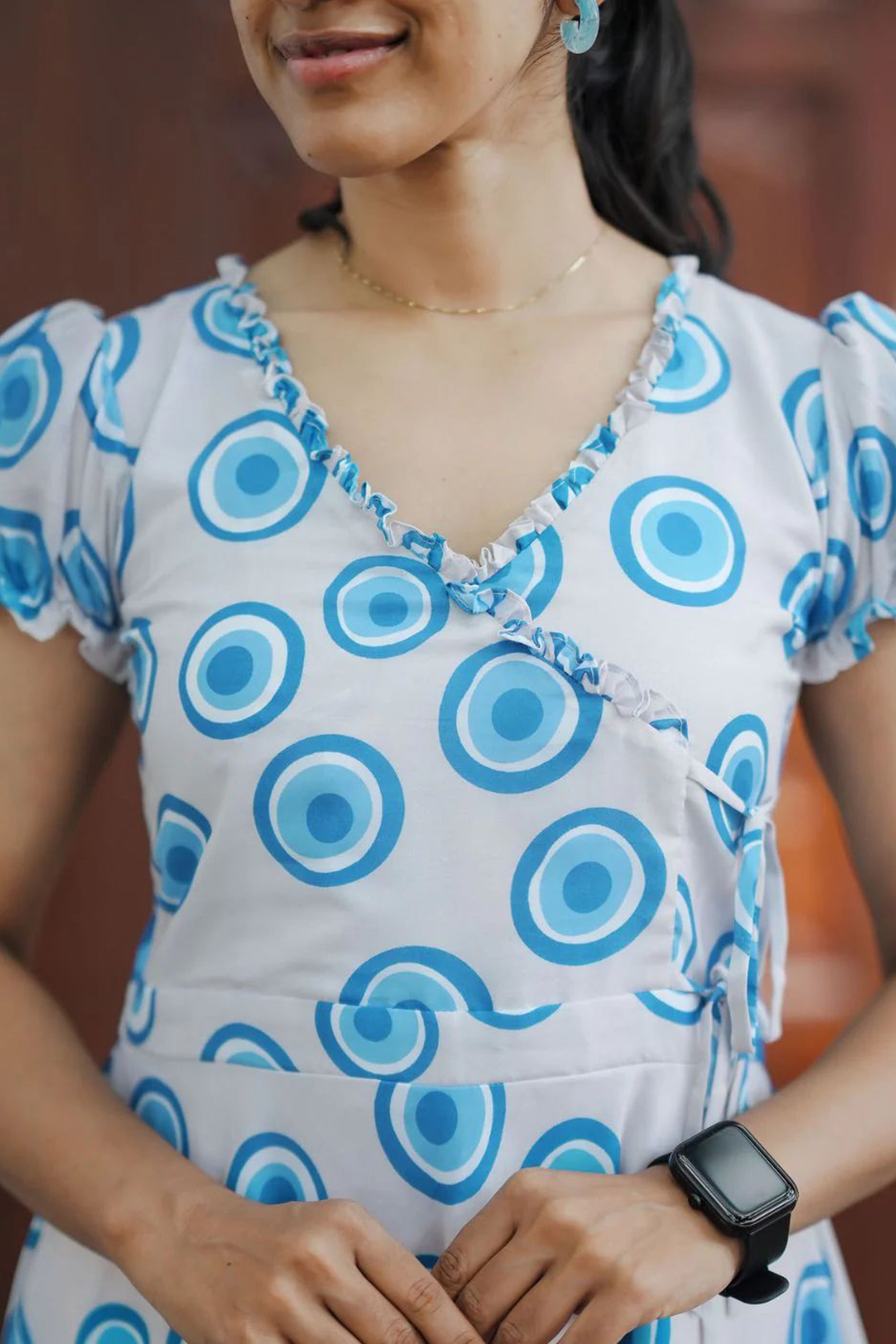 Women's White And Sky Blue Geometric Print Muslin Dress