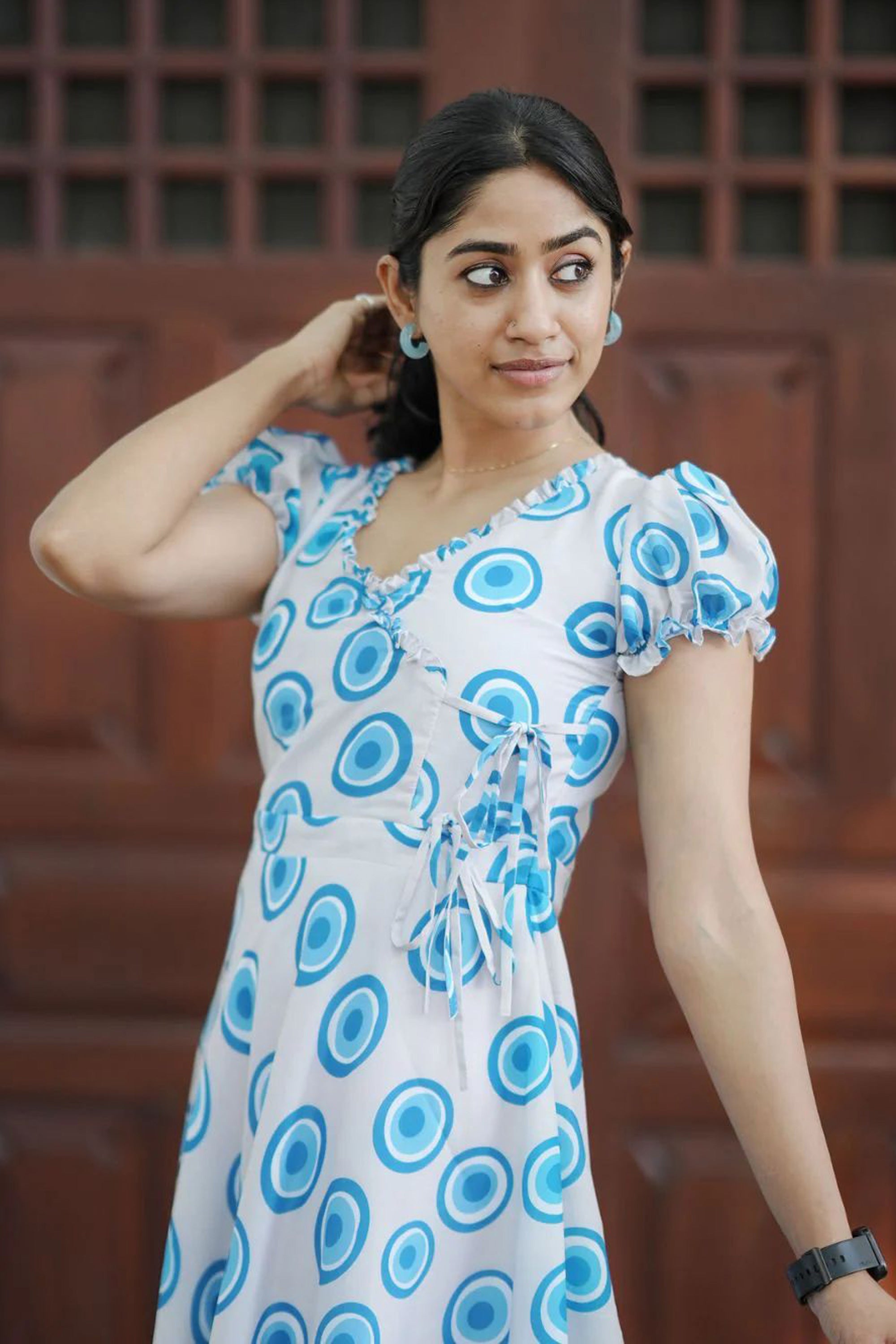 Women's White And Sky Blue Geometric Print Muslin Dress