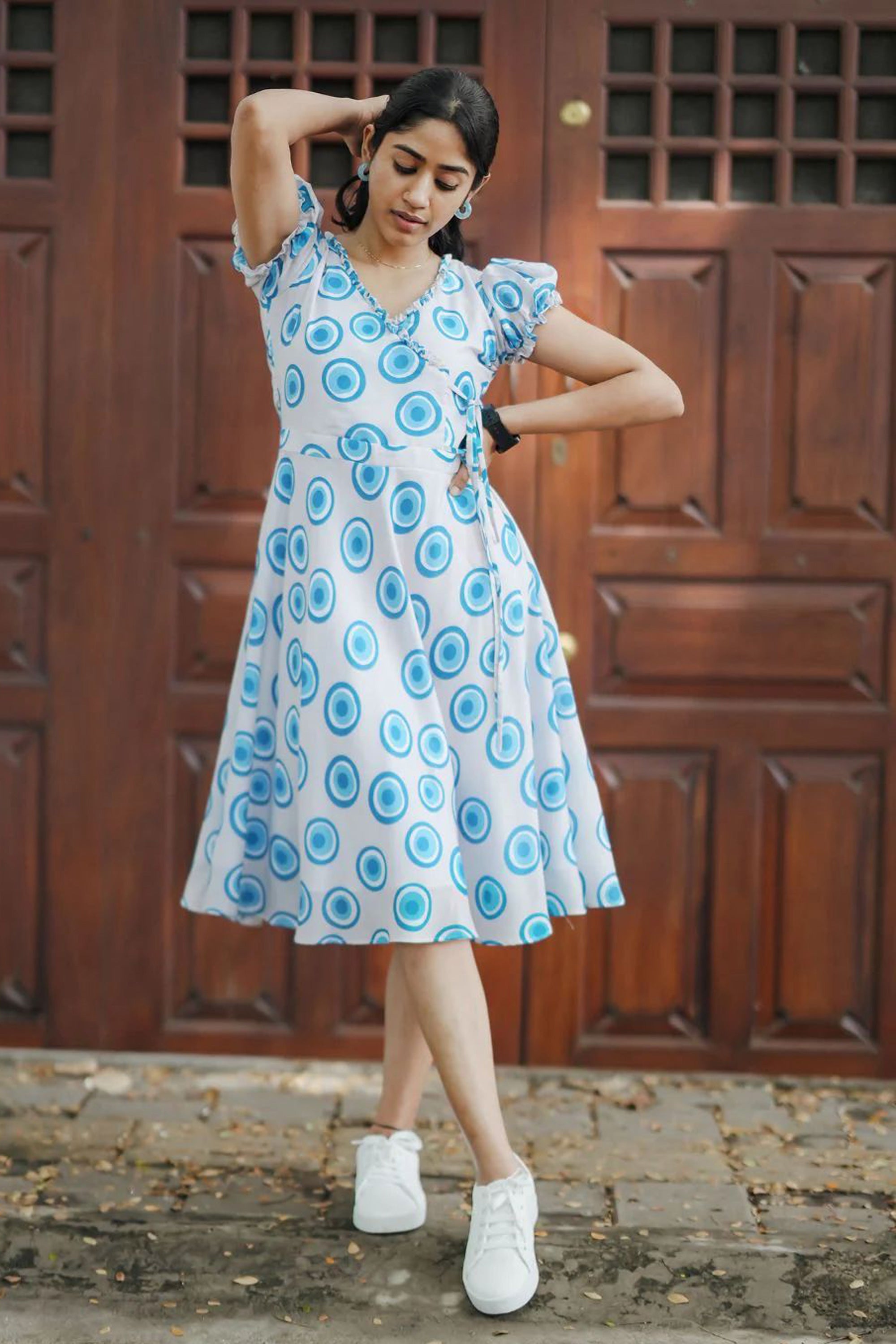 Women's White And Sky Blue Geometric Print Muslin Dress