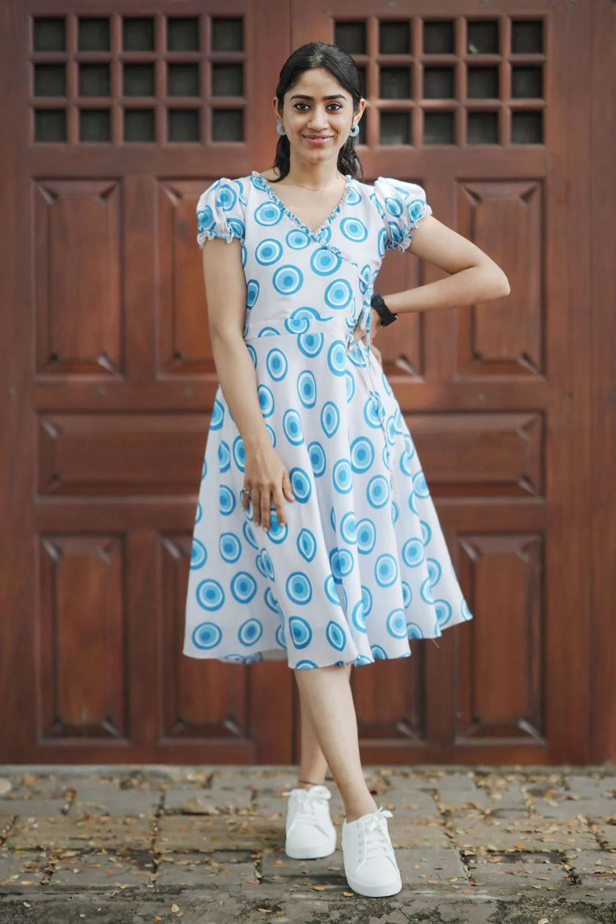 Women's White And Sky Blue Geometric Print Muslin Dress