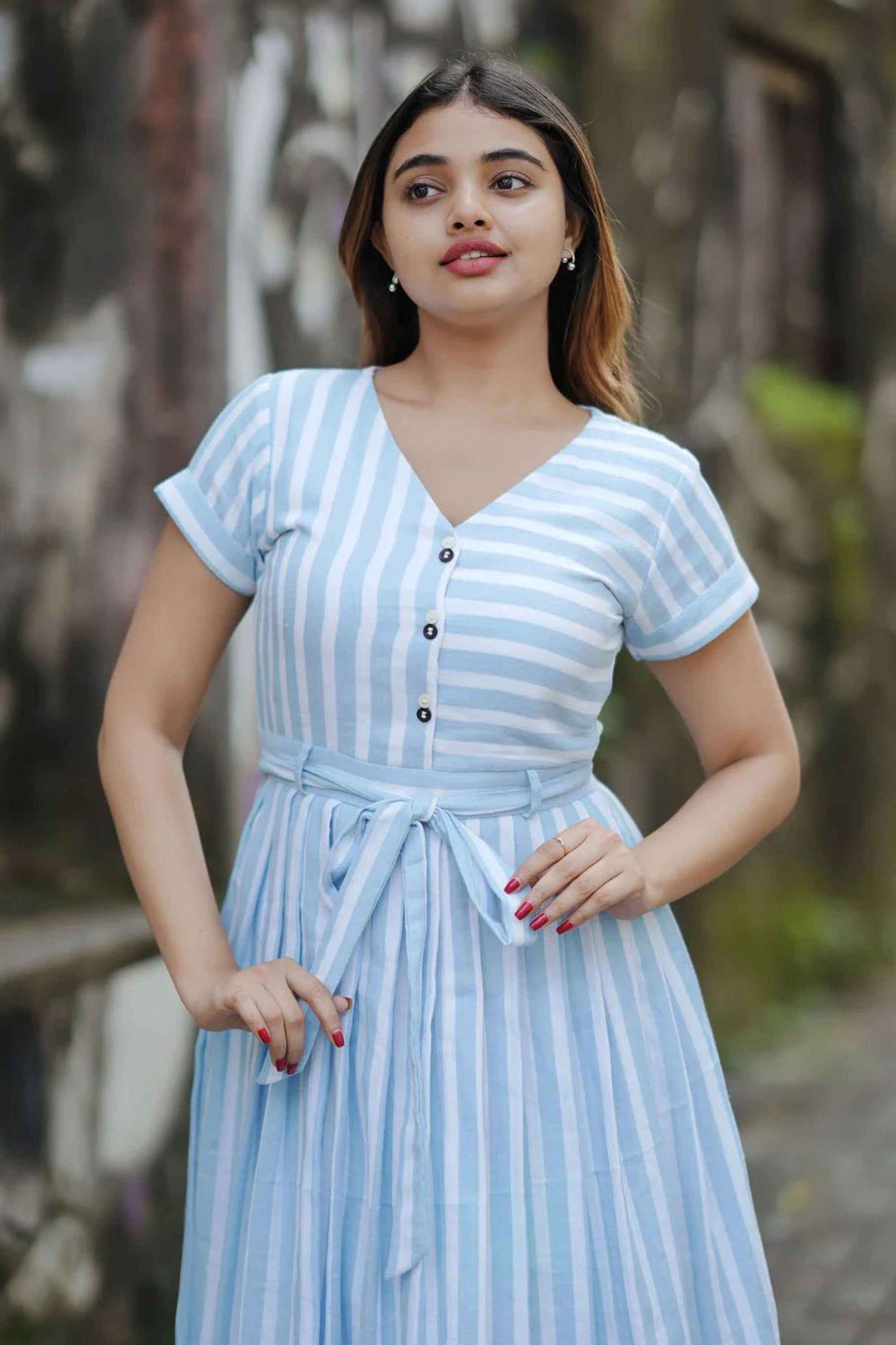 Women's Sky Blue Sea Side Striped Aline Dress