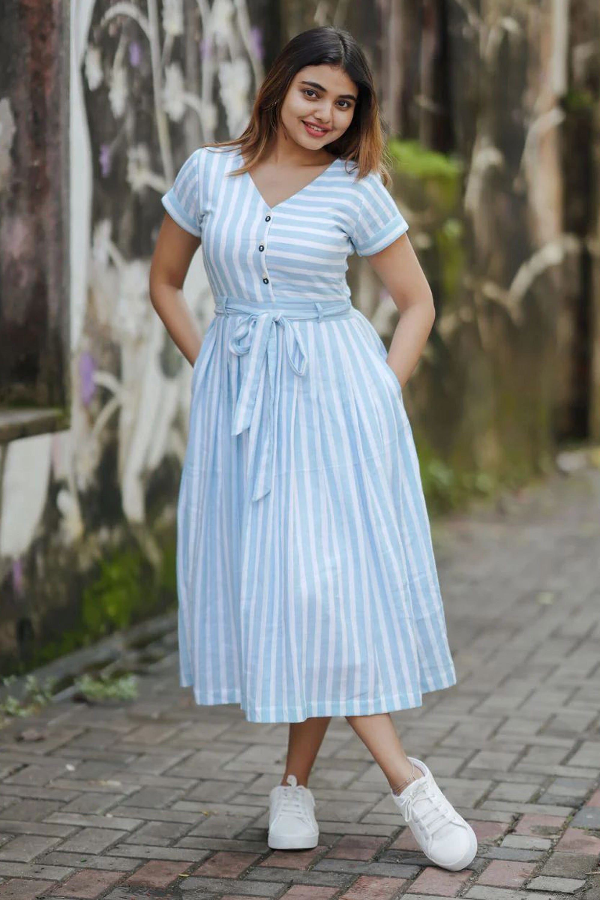 Women's Sky Blue Sea Side Striped Aline Dress