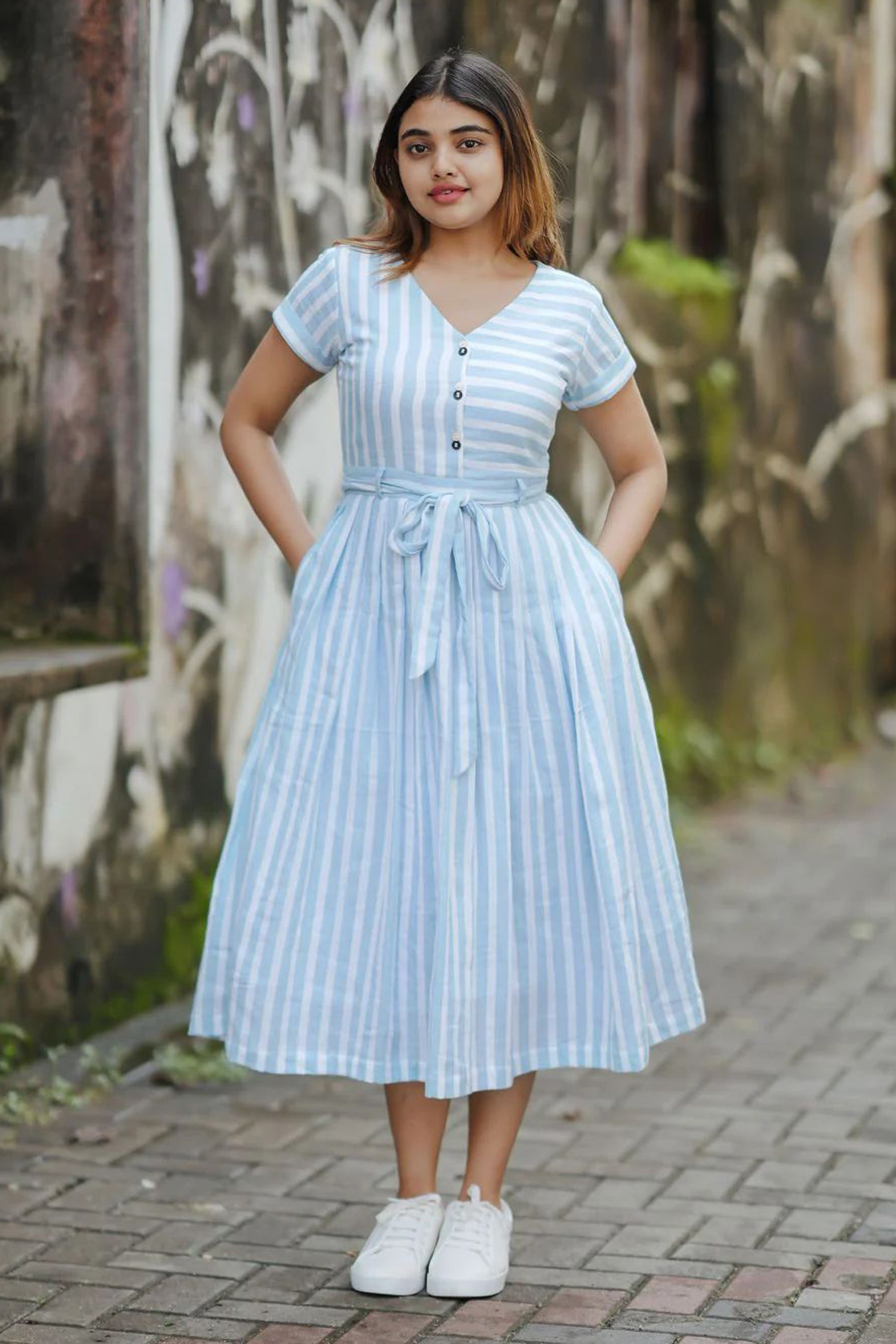 Women's Sky Blue Sea Side Striped Aline Dress