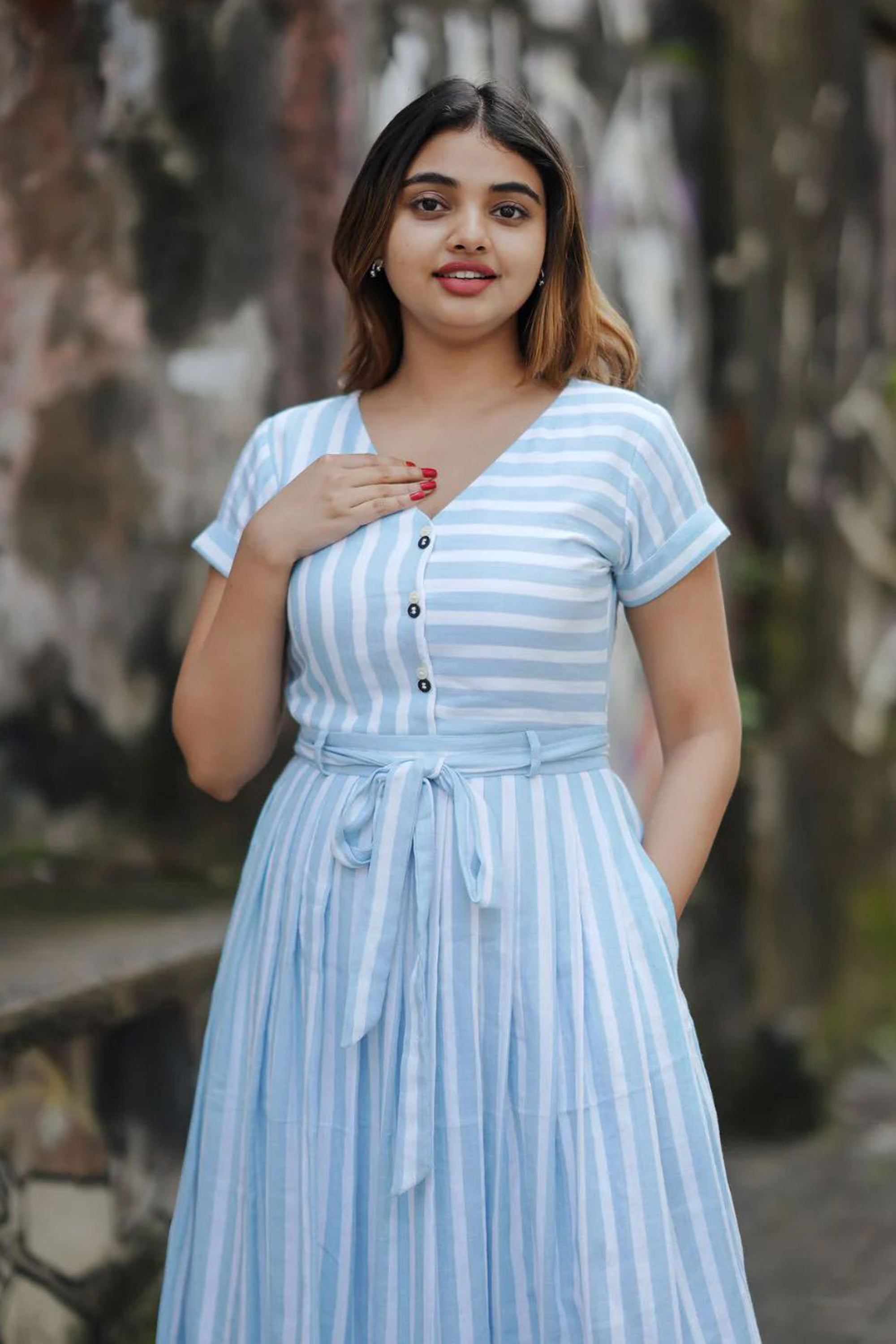 Women's Sky Blue Sea Side Striped Aline Dress