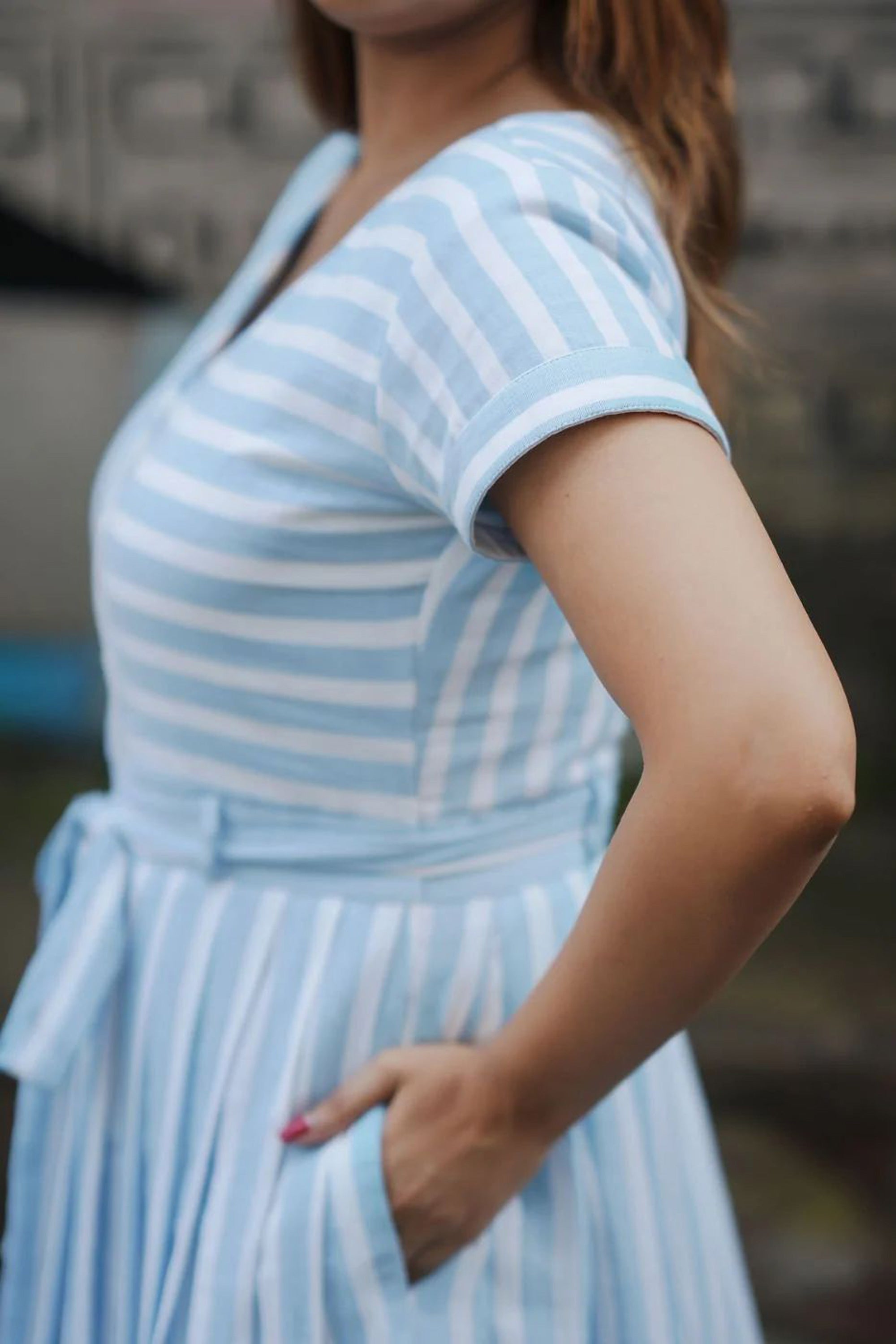 Women's Sky Blue Sea Side Striped Aline Dress