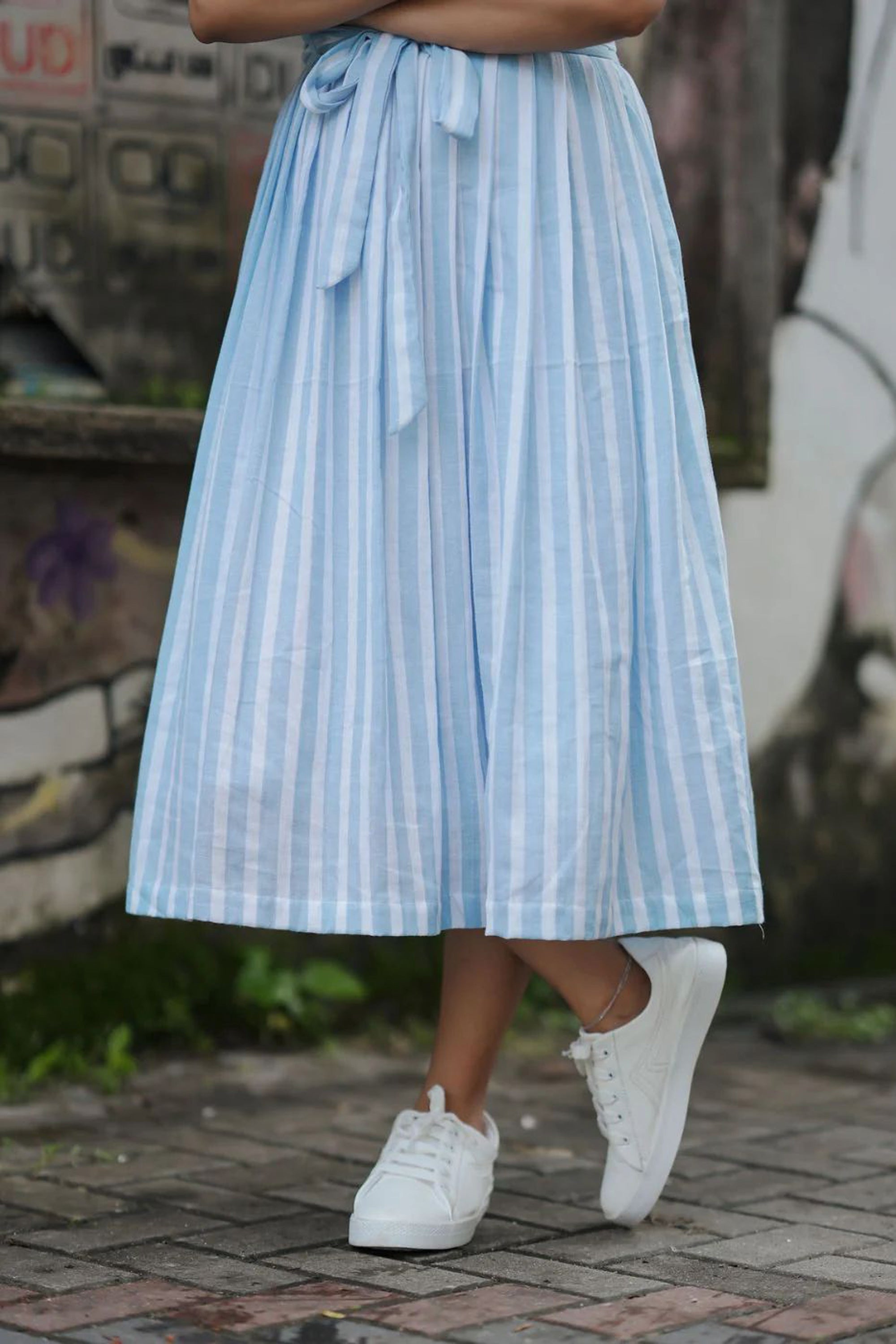 Women's Sky Blue Sea Side Striped Aline Dress