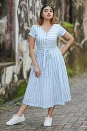 Women's Sky Blue Sea Side Striped Aline Dress