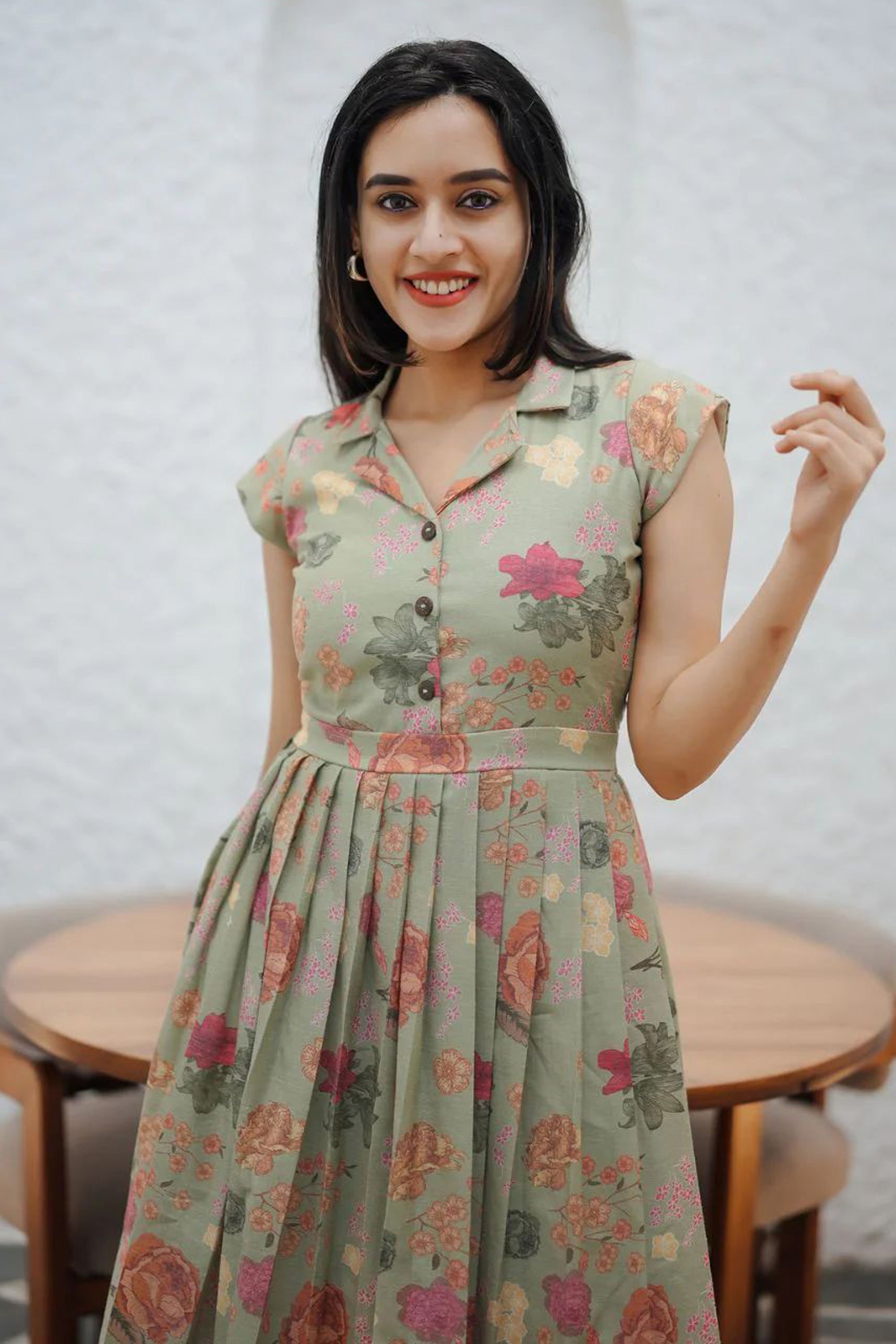Women's Sea Green Floral Print Linen Dress
