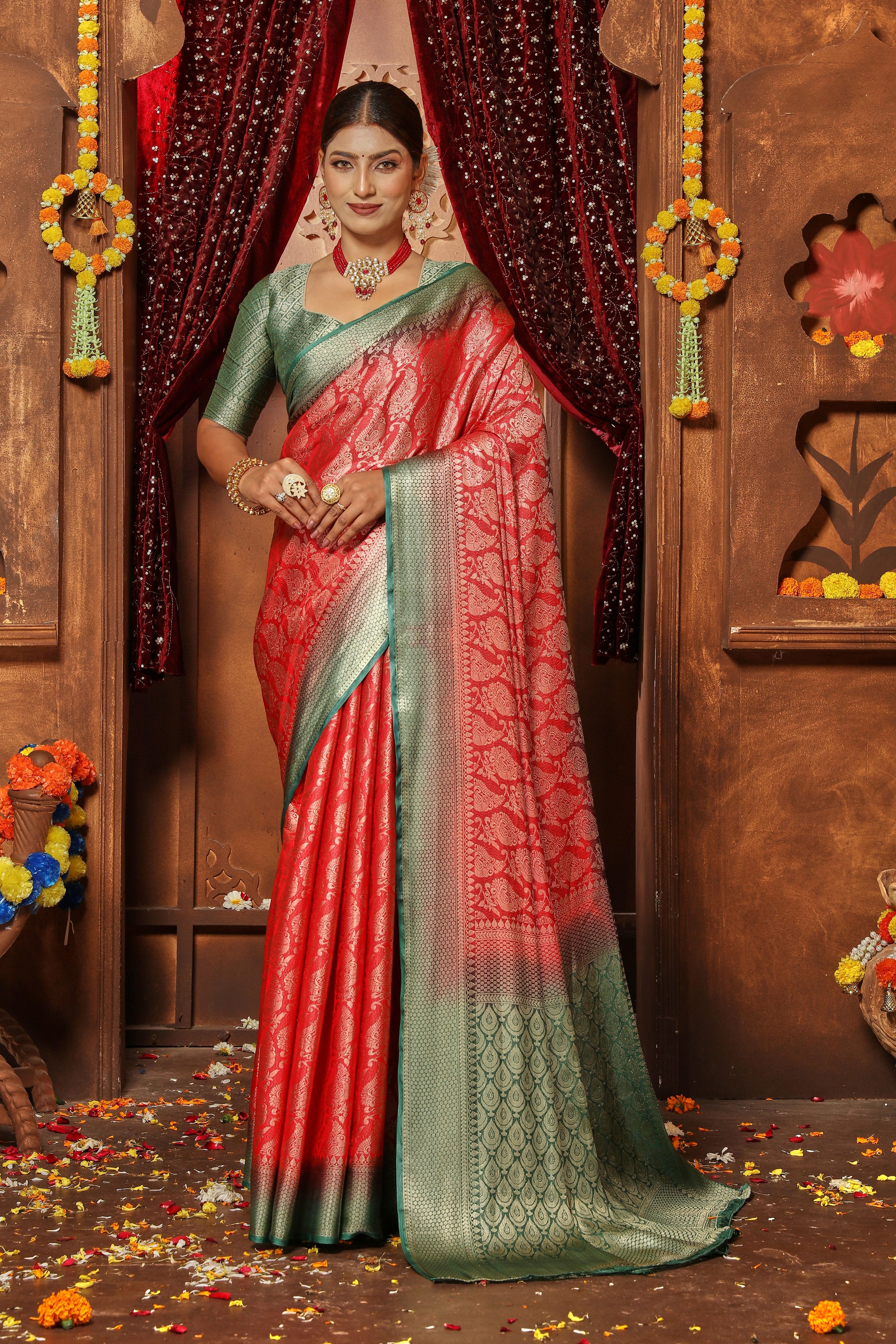 Silken Splendor: Rich Solid Colors, Full Zari Design