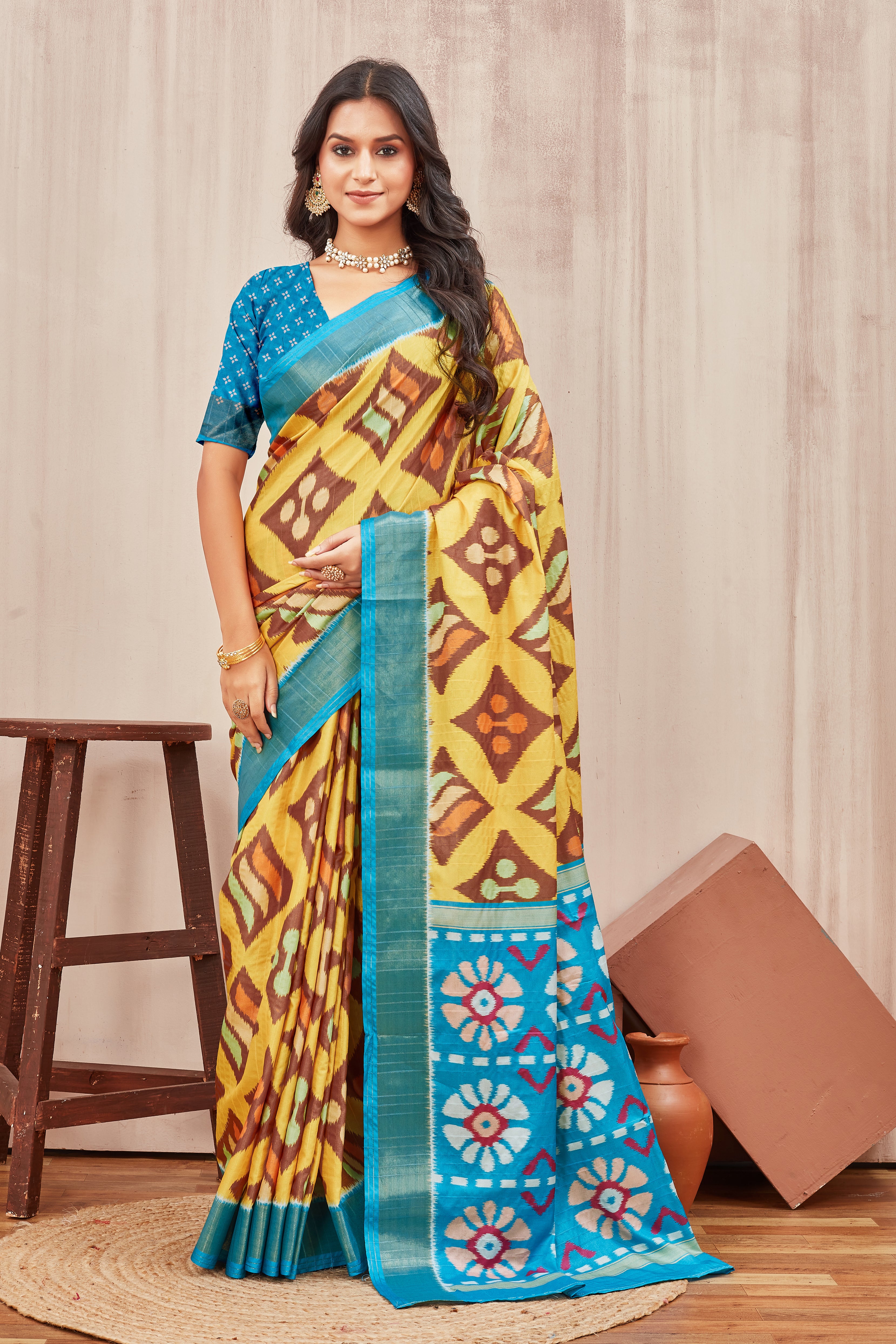 Digital ikkat printed soft silk sarees