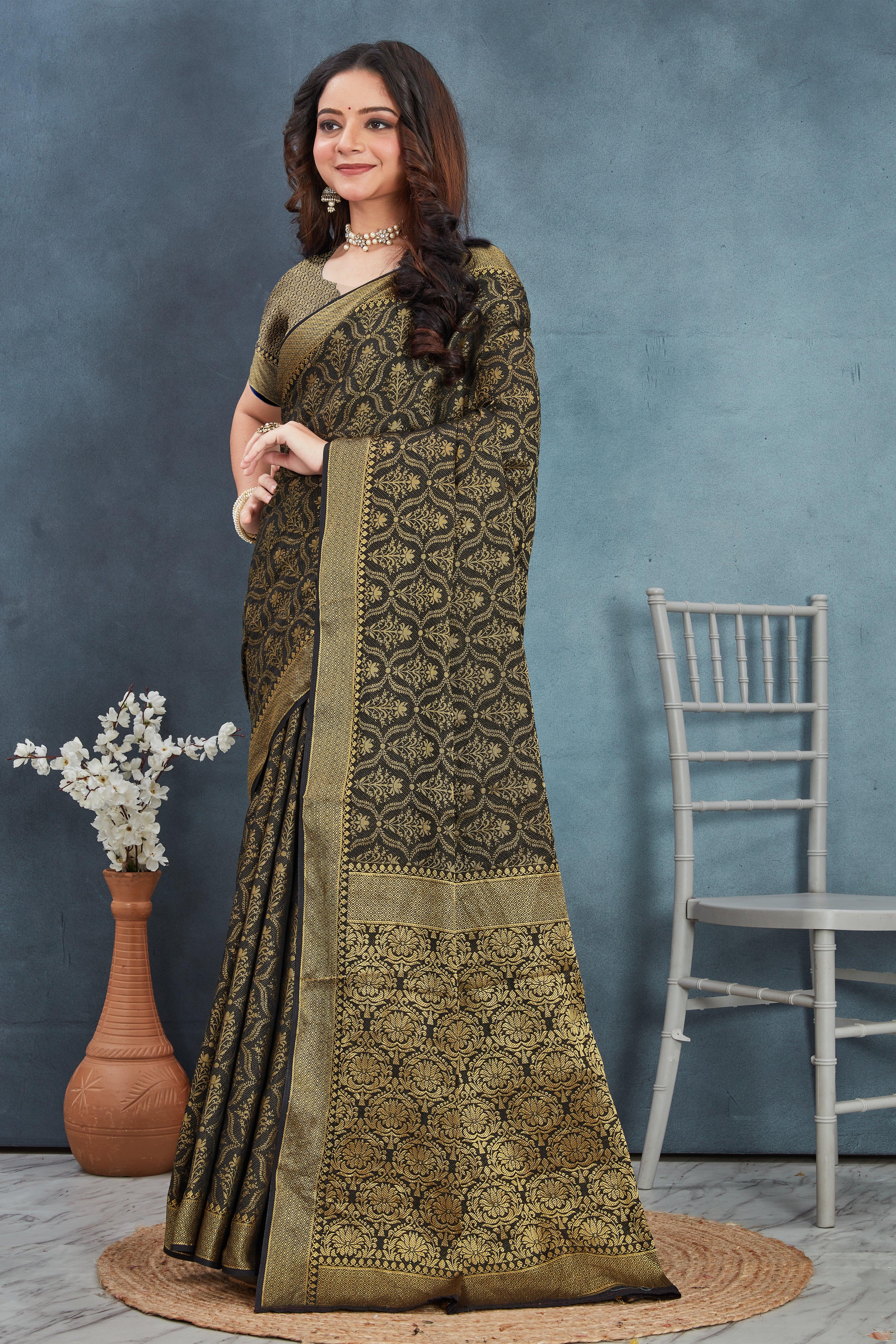 Brocade Elegance: Pure Mysore Silk Sarees in Navy Blue