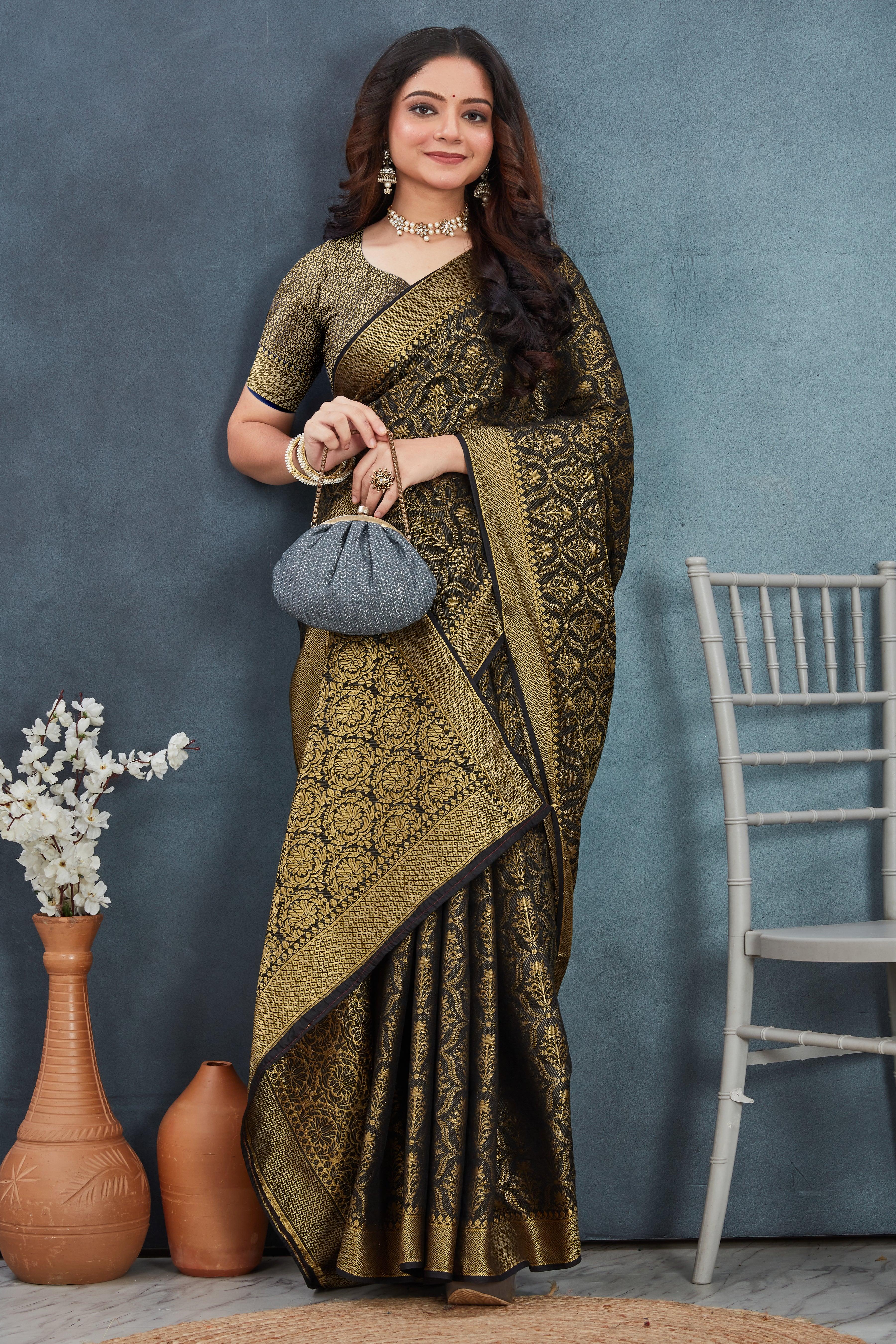 Brocade Elegance: Pure Mysore Silk Sarees in Navy Blue