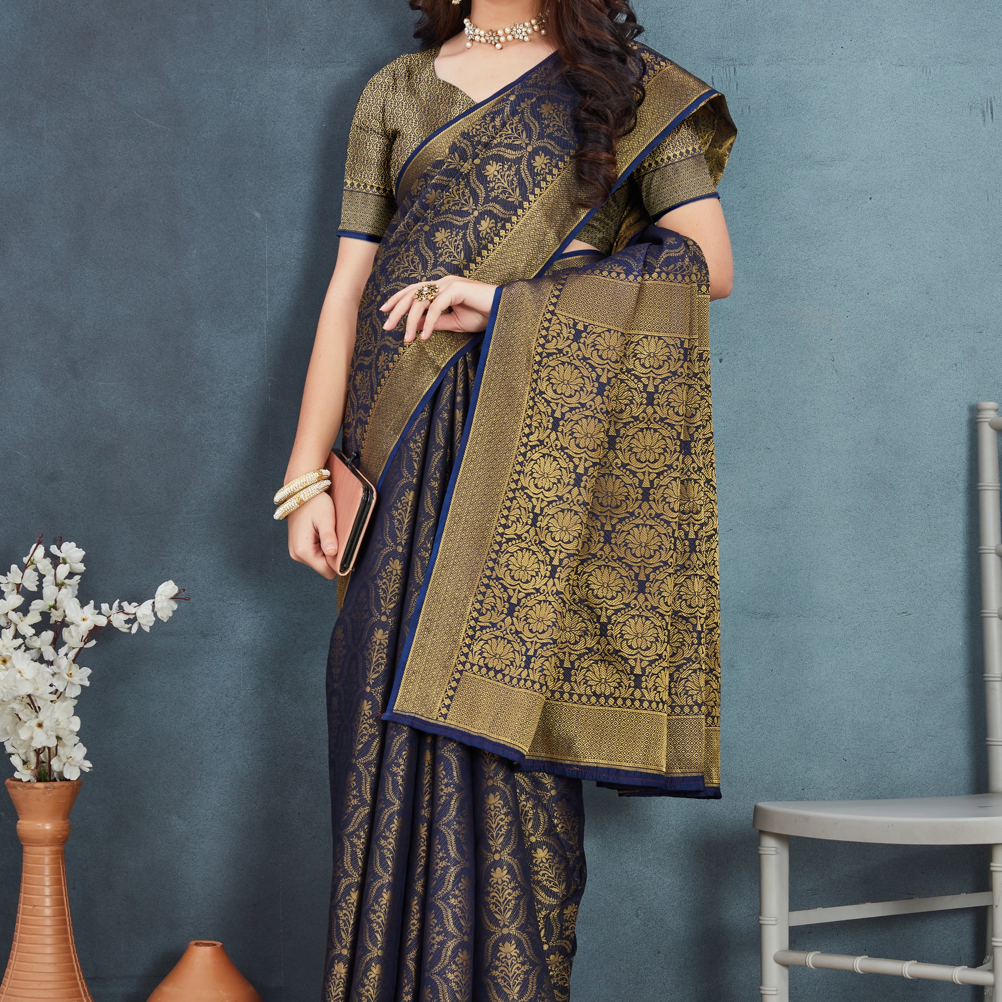 Brocade Elegance: Pure Mysore Silk Sarees in Navy Blue