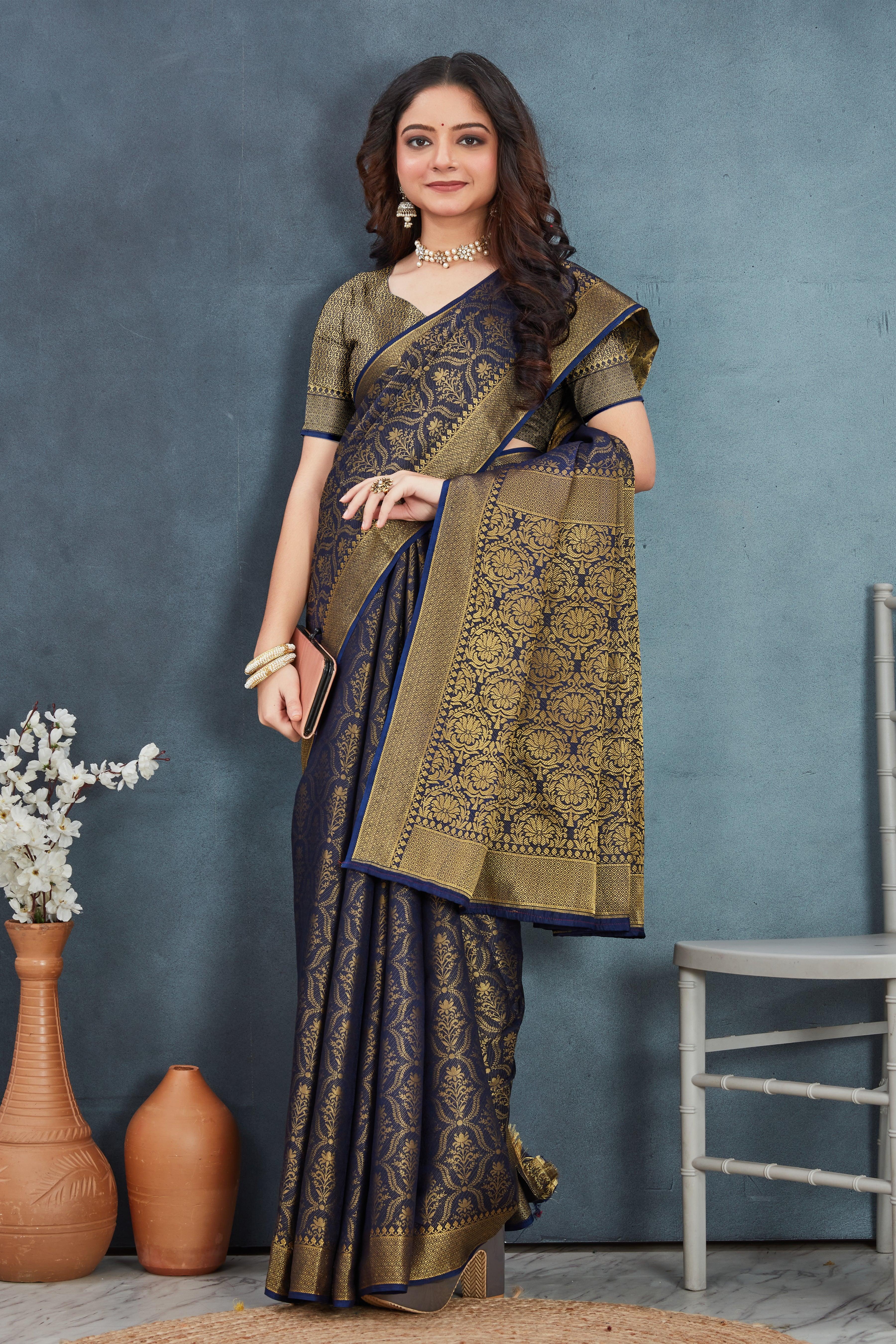 Brocade Elegance: Pure Mysore Silk Sarees in Navy Blue