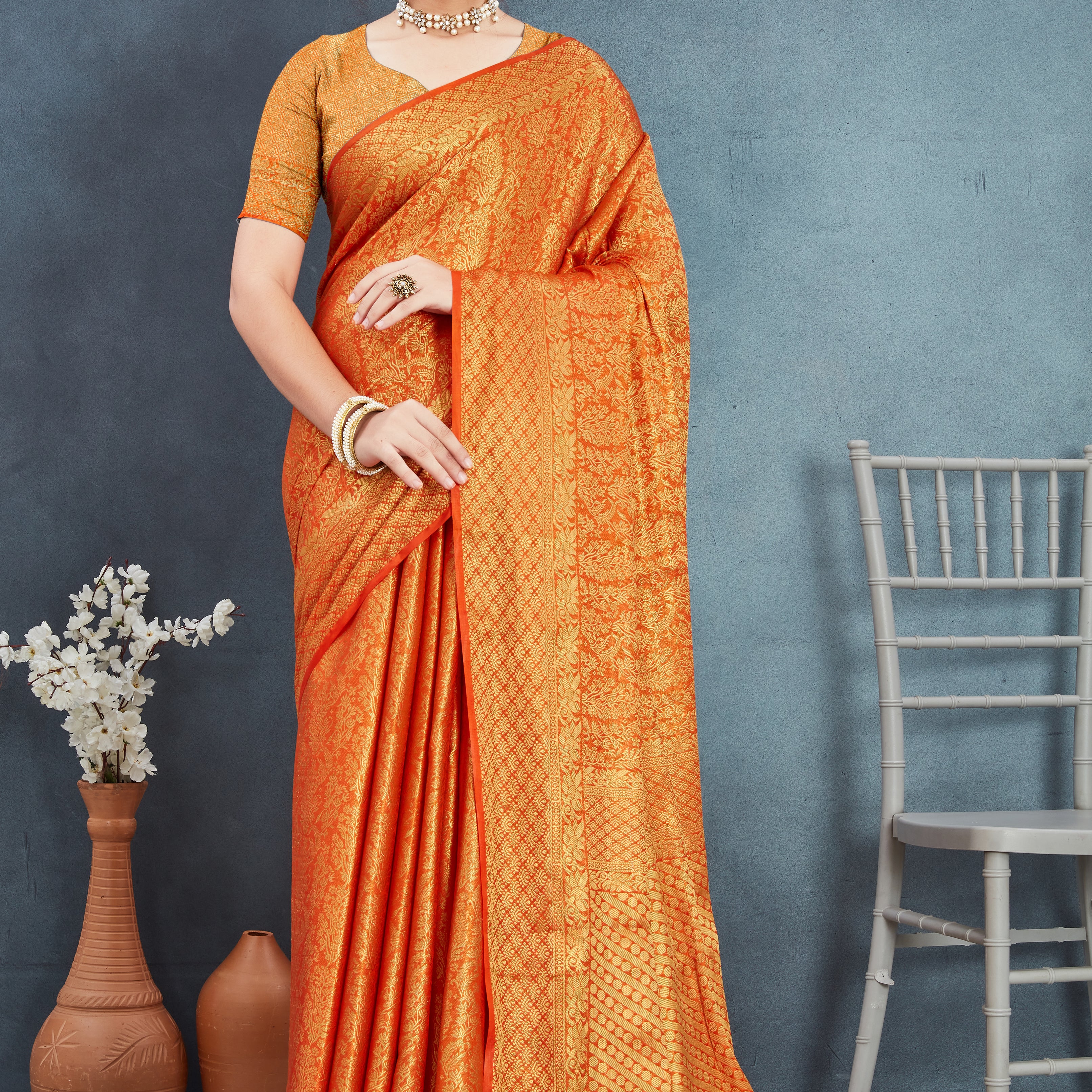 Brocade Elegance: Pure Mysore Silk Sarees in orange