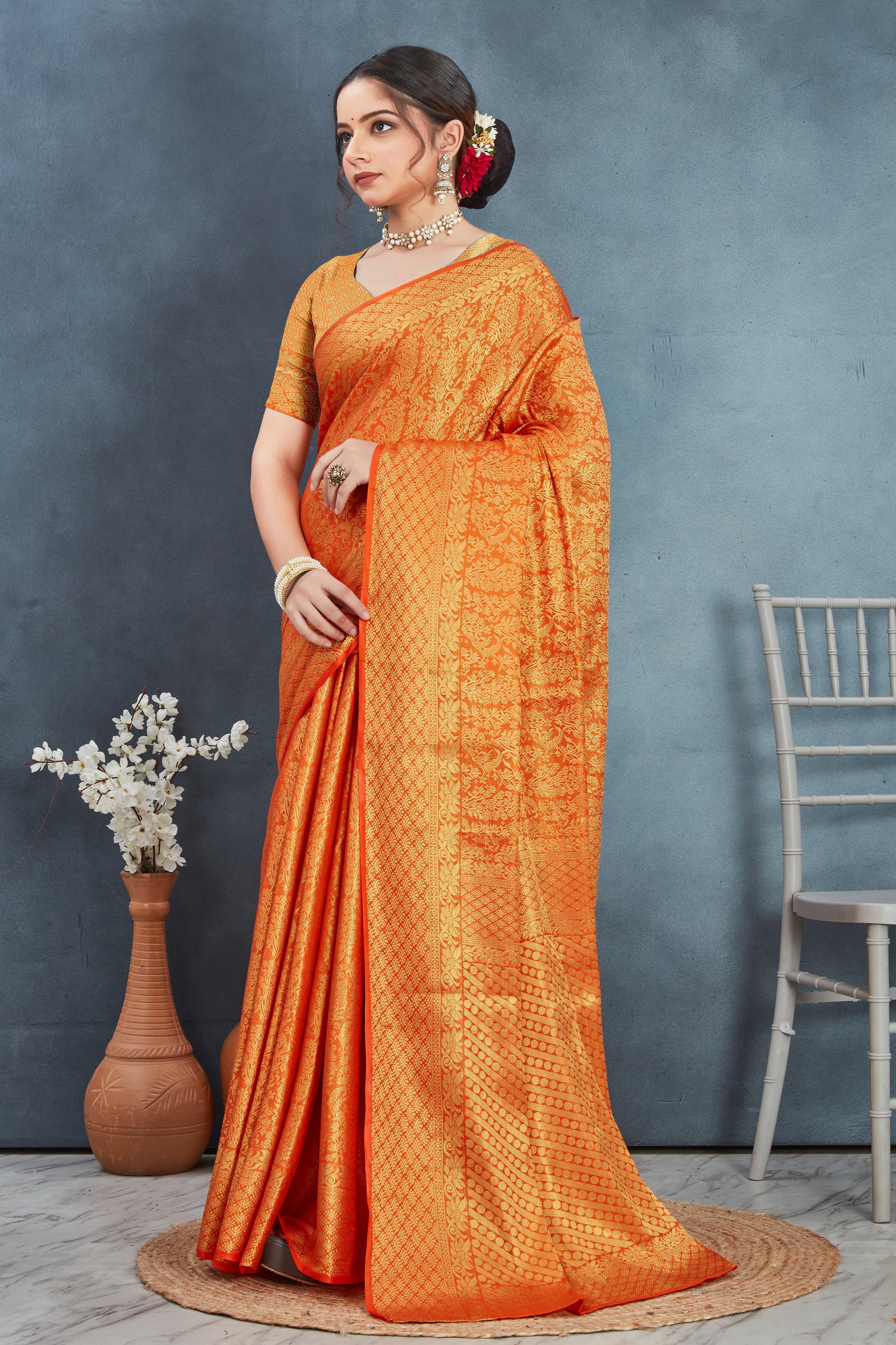 Brocade Elegance: Pure Mysore Silk Sarees in orange