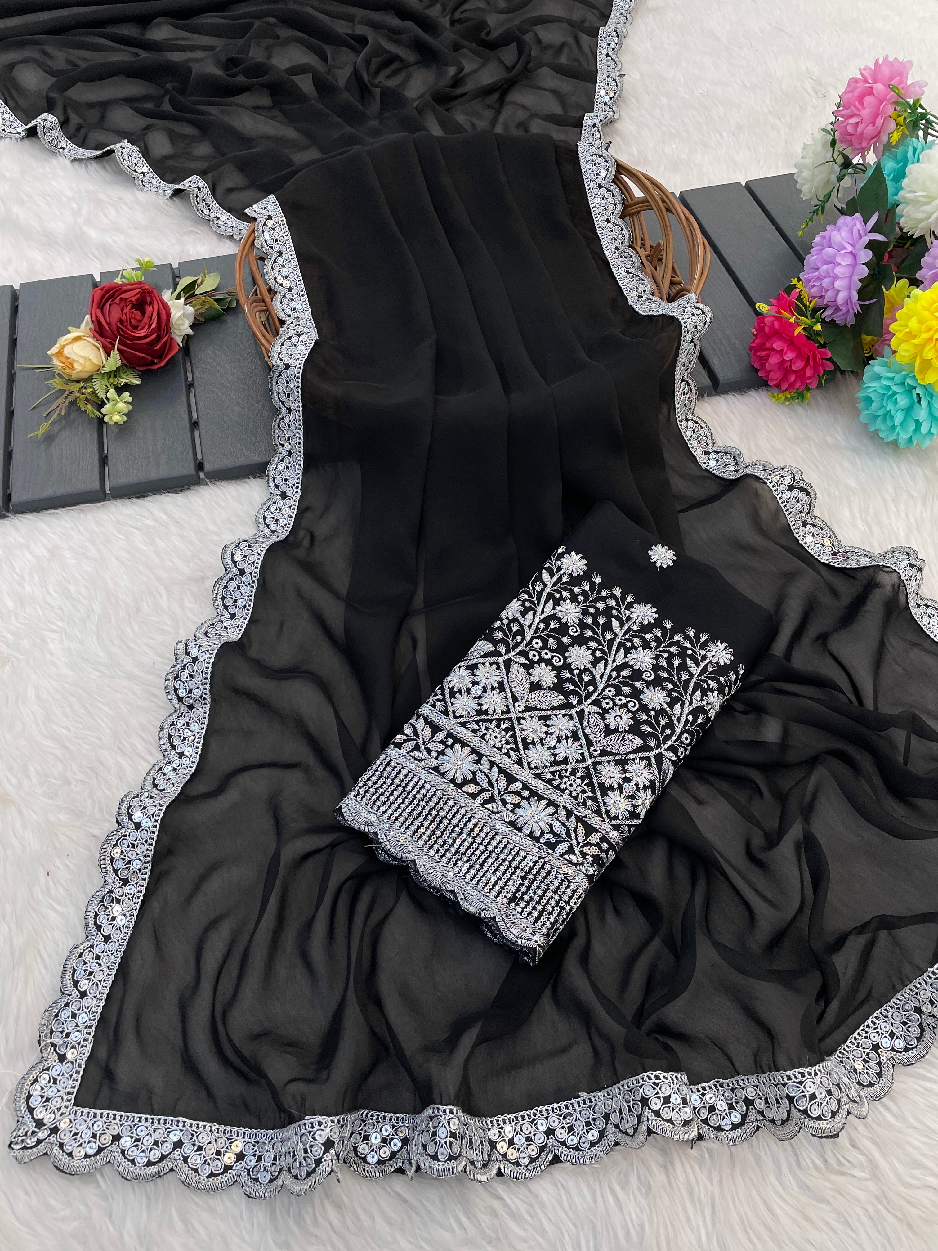 Grace in Every Thread: Exquisite C Pallu & Handwork on black