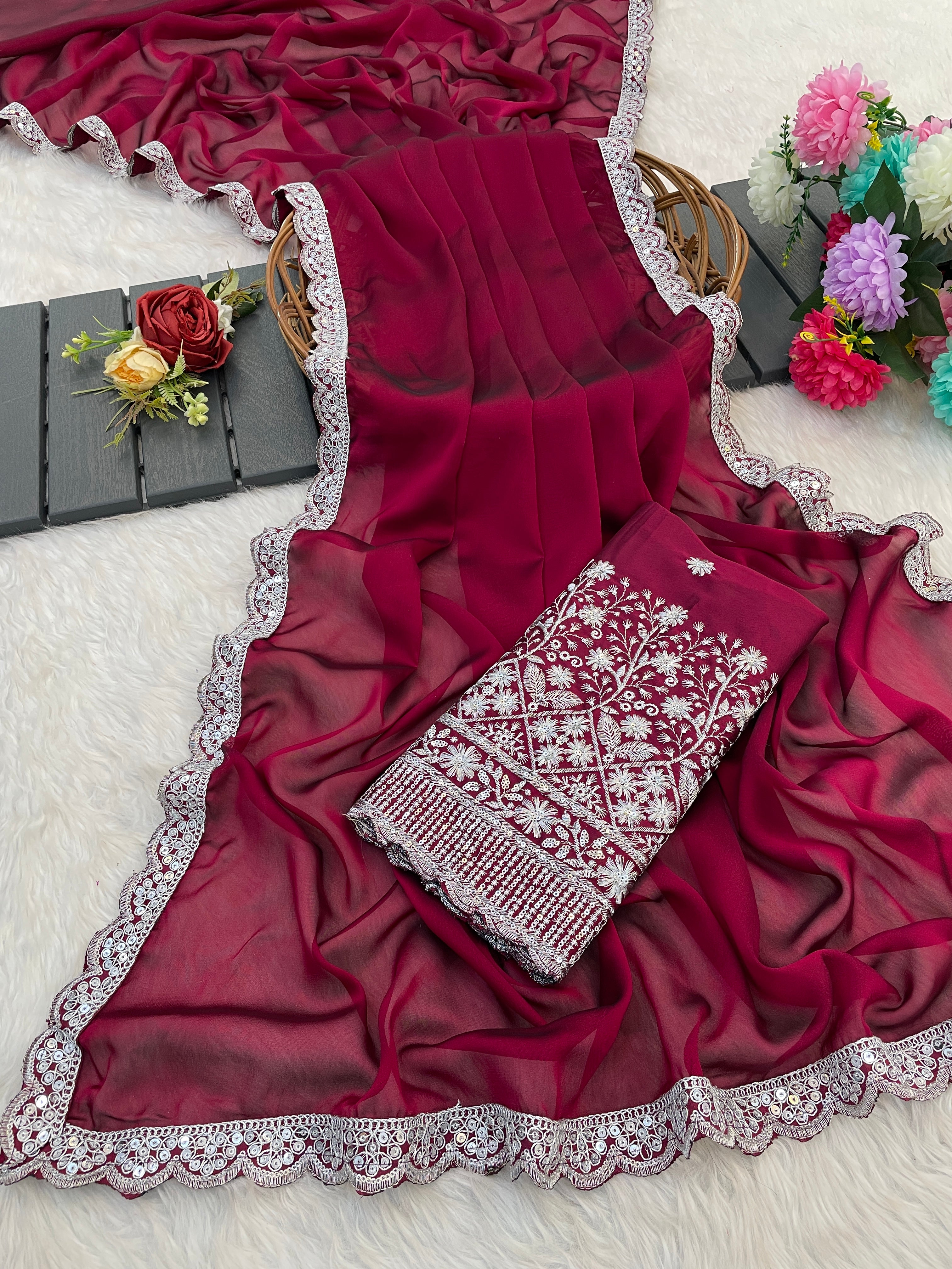 Elevate Elegance: Premium Space Silk Saree with Intricate Embroidery with maroon
