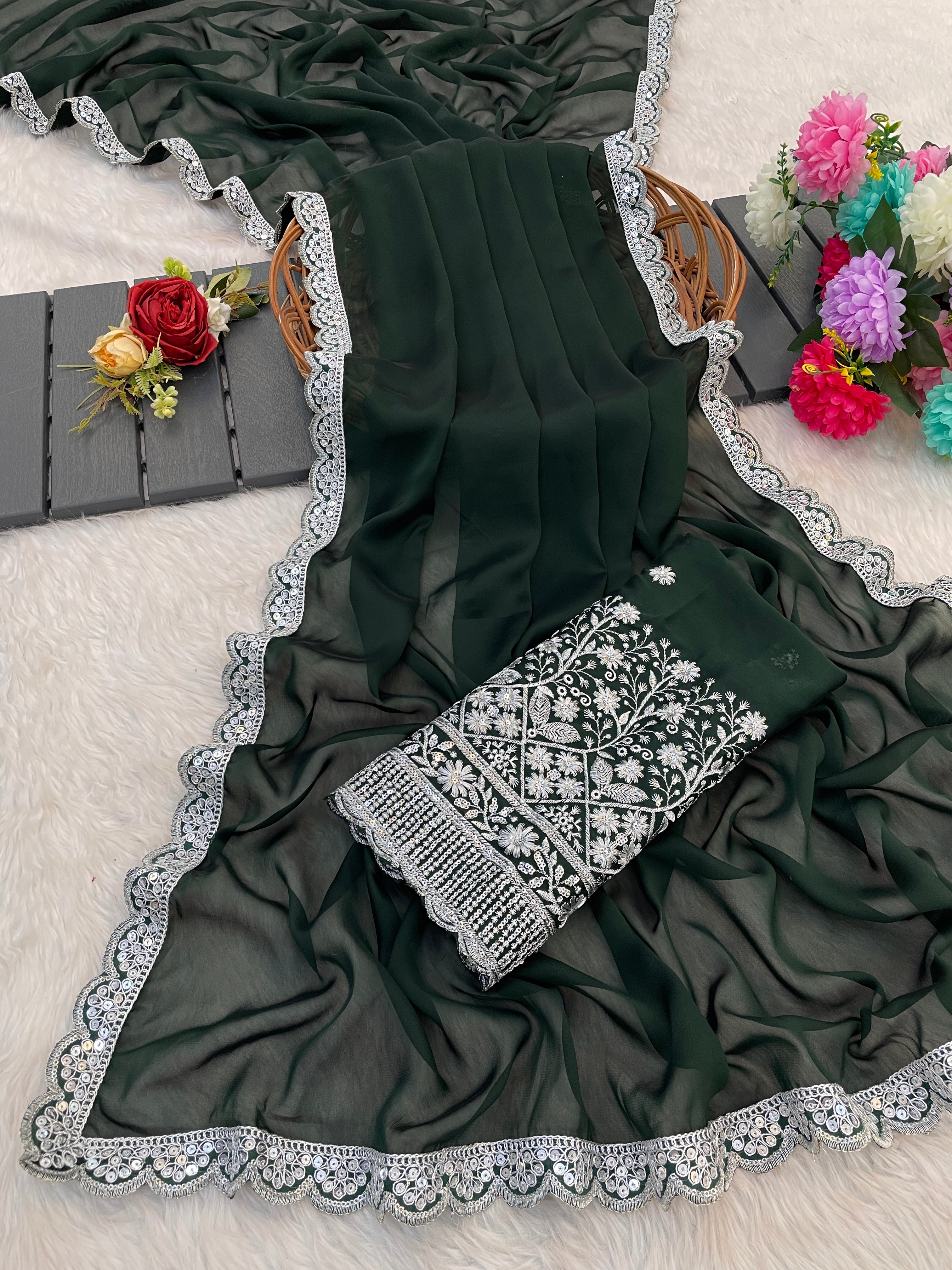 Luxury Woven in Silk: Designer Saree with Contrast Blouse in Bottle Green