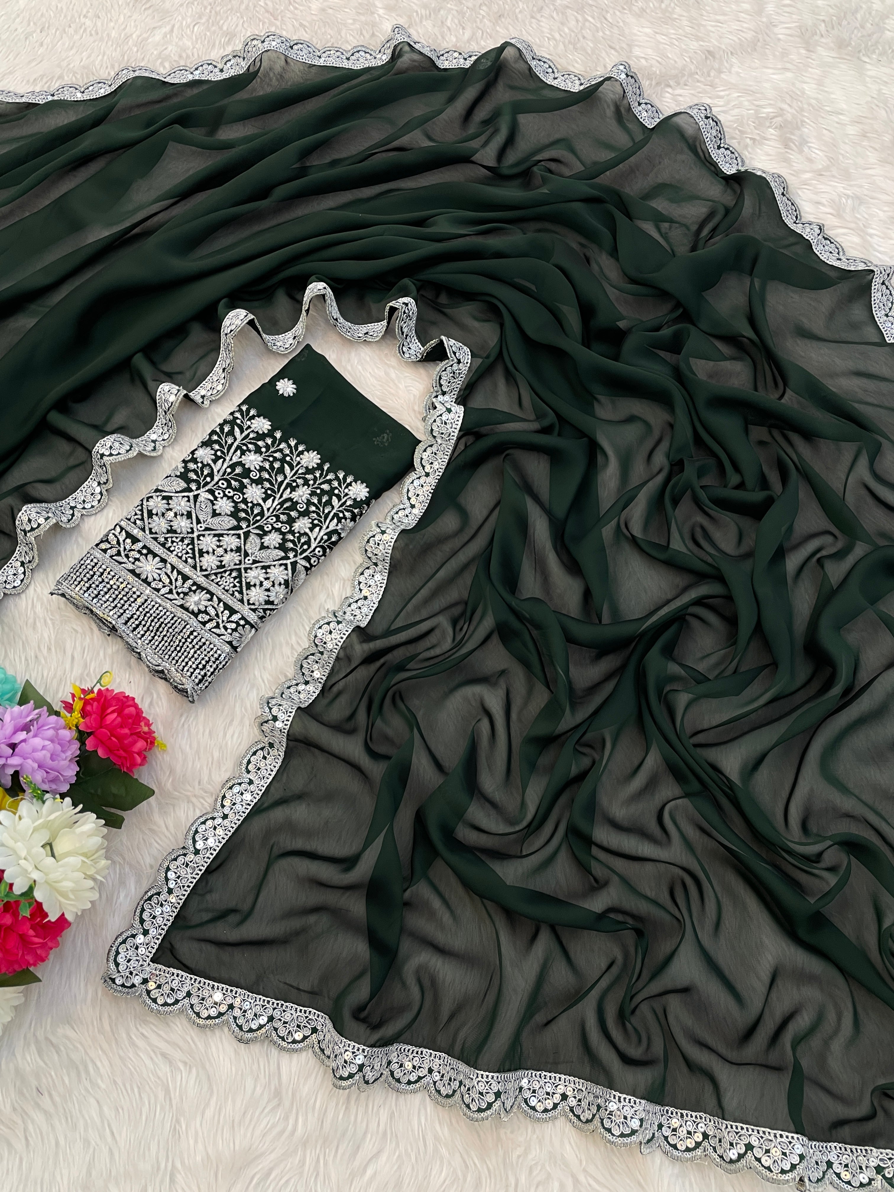 Luxury Woven in Silk: Designer Saree with Contrast Blouse in Bottle Green
