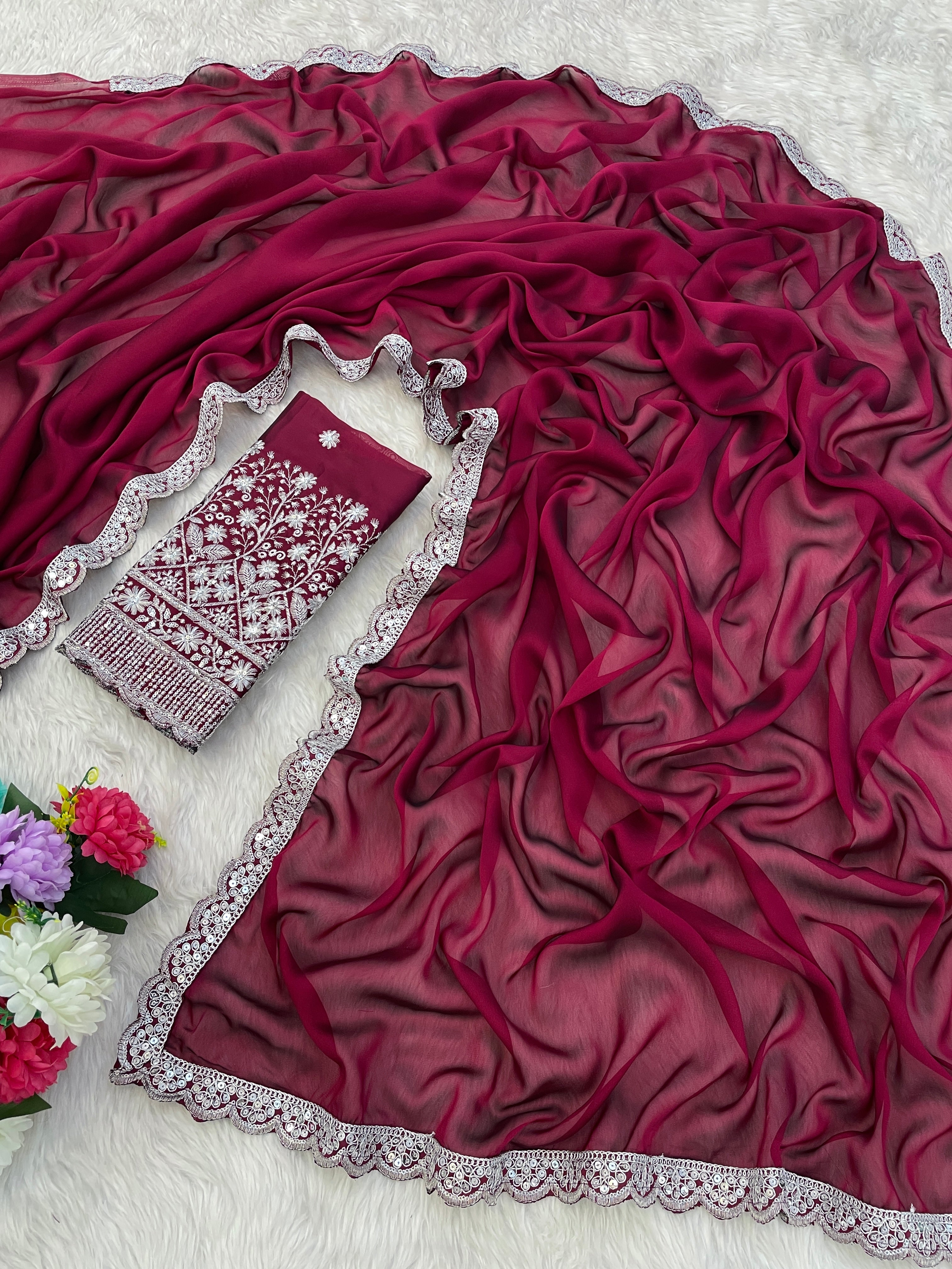 Elevate Elegance: Premium Space Silk Saree with Intricate Embroidery with maroon