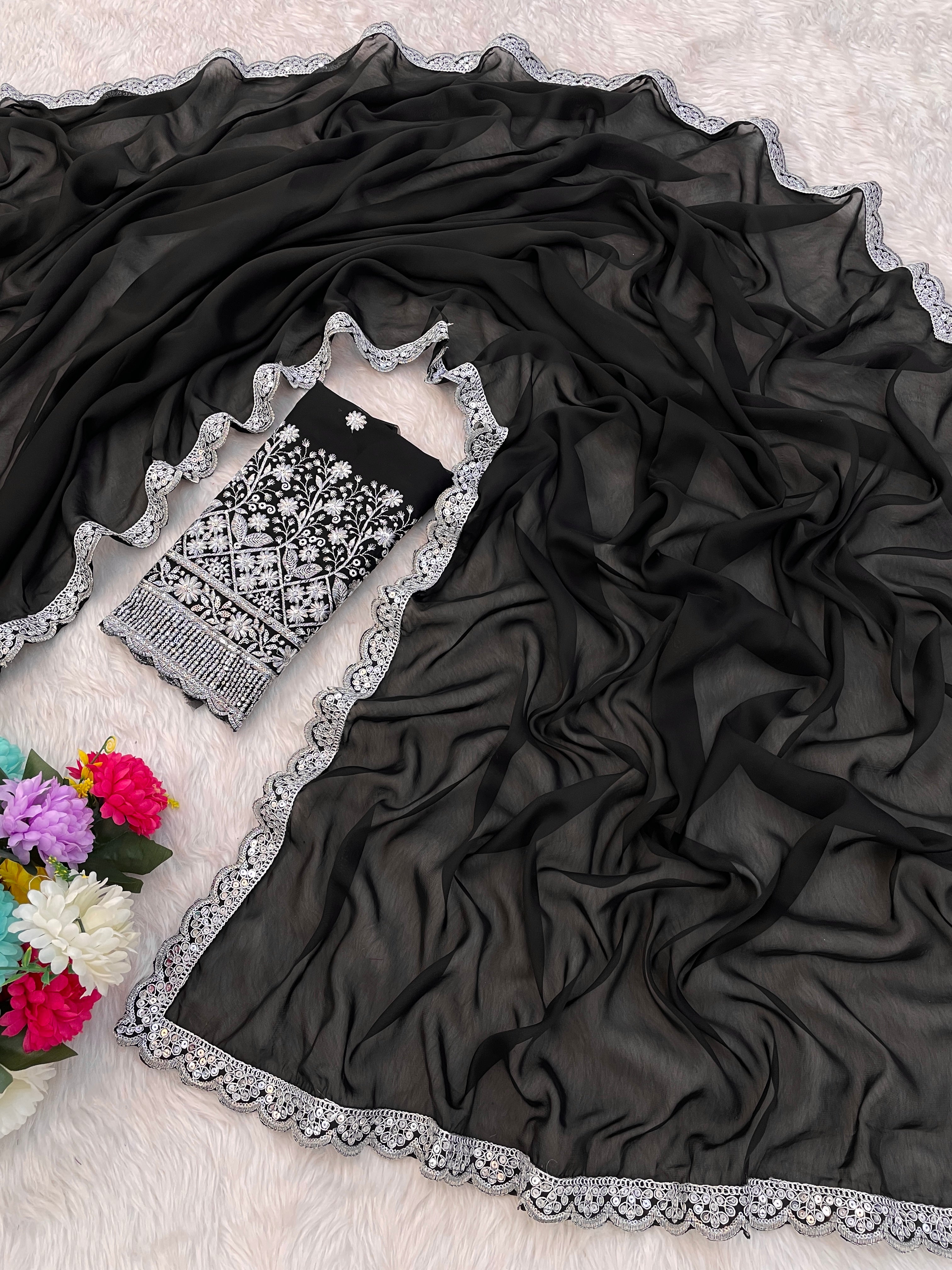 Grace in Every Thread: Exquisite C Pallu & Handwork on black