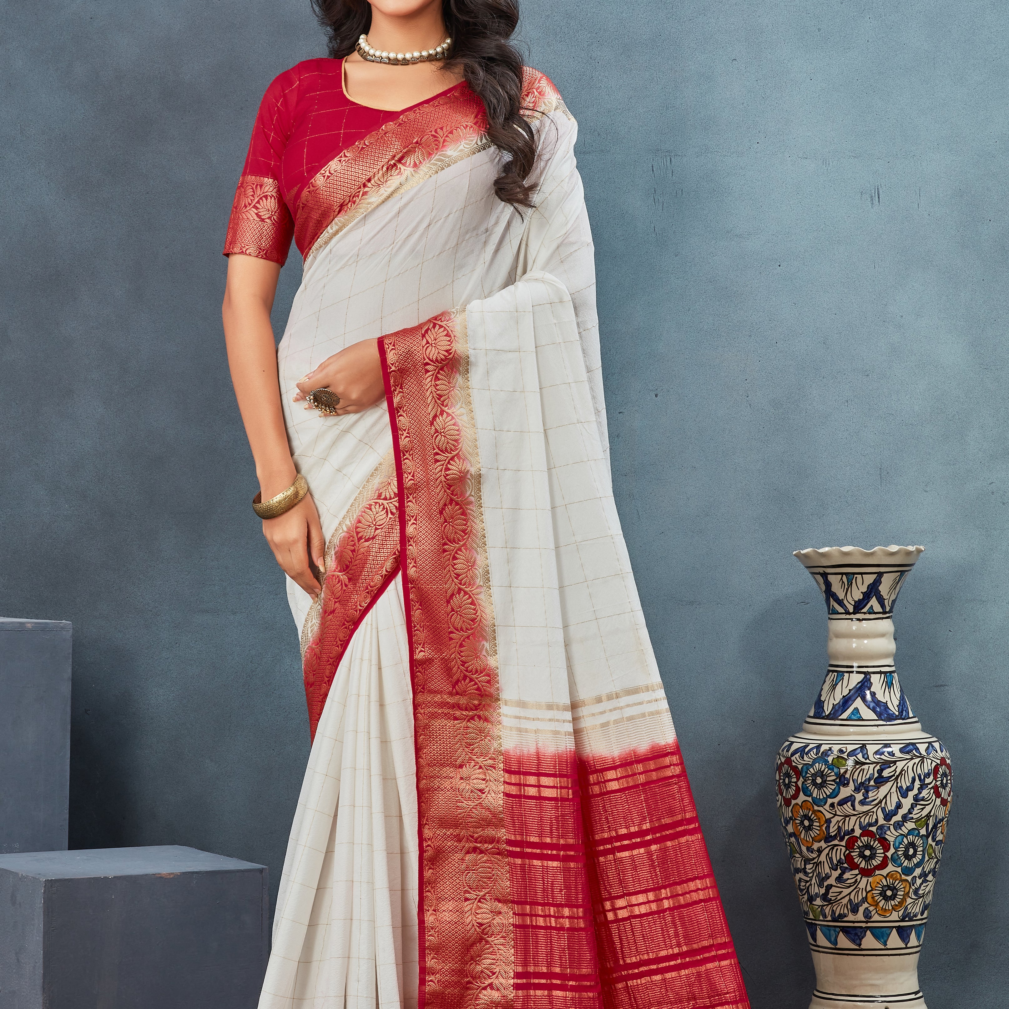 Exclusive White and Red Mysore Crepe Soft  Silk Sarees