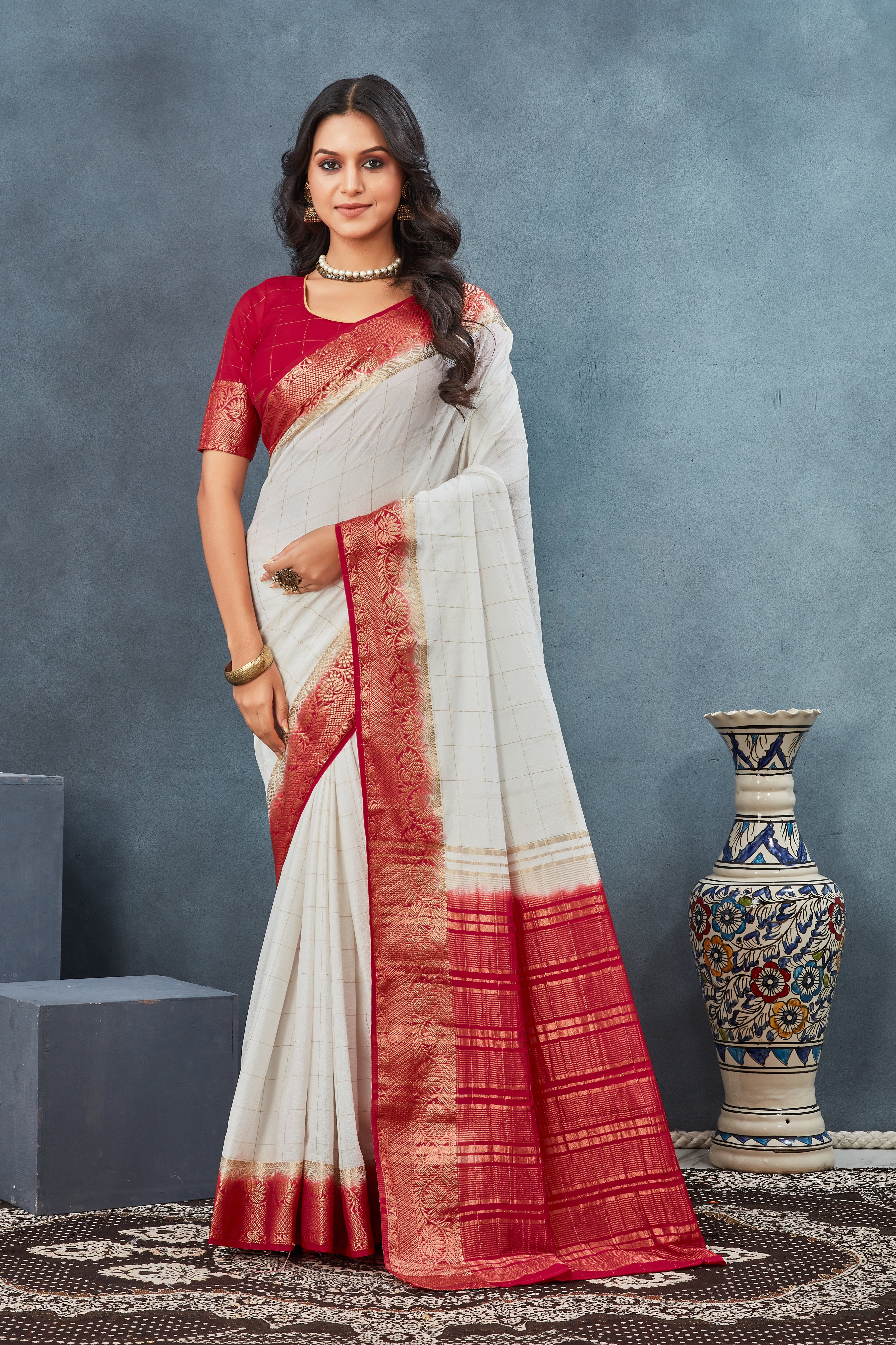 Exclusive White and Red Mysore Crepe Soft  Silk Sarees