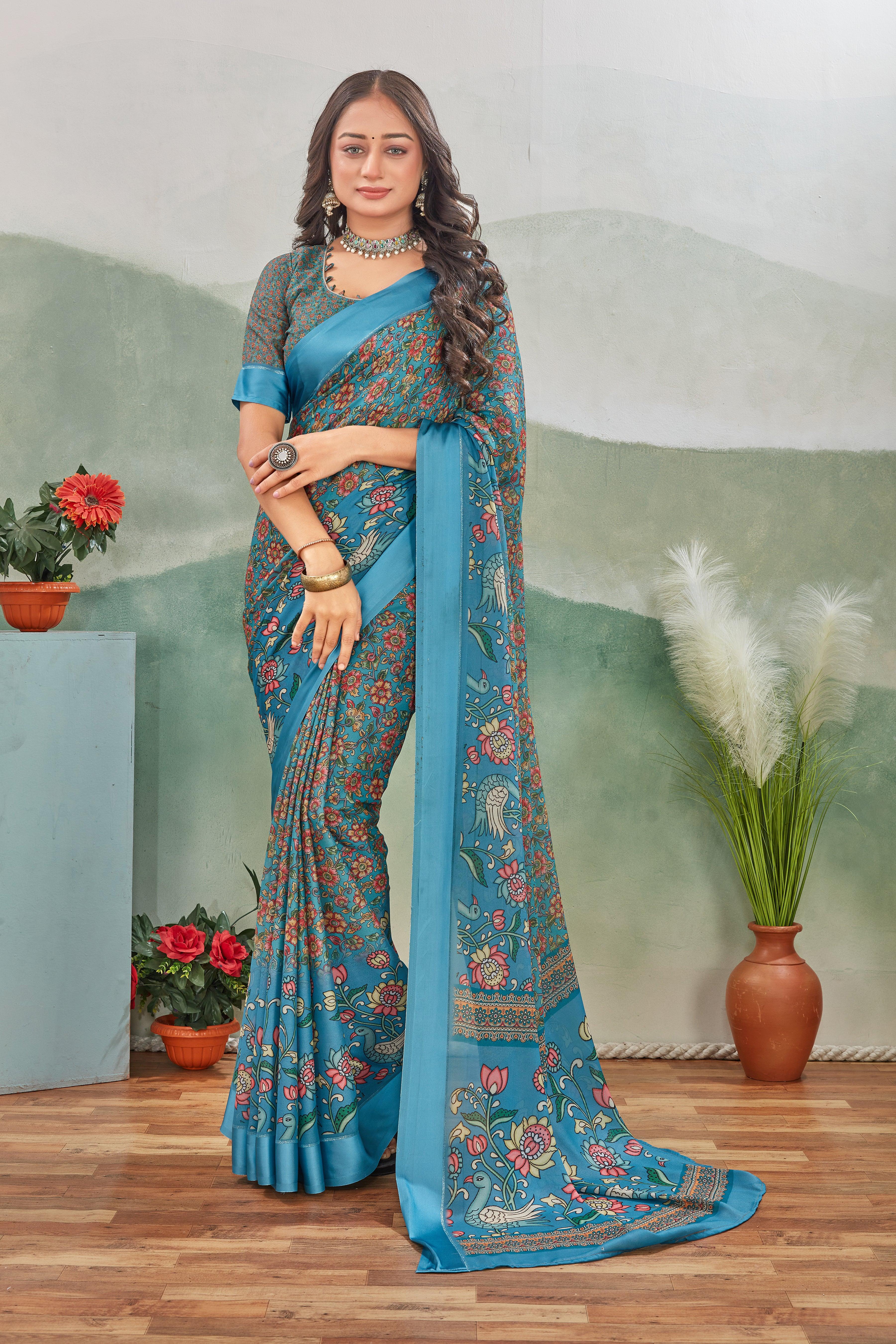 Elegance Redefined: Viscose Satin Border Mysore Silk with Exquisite Kalamkari Prints