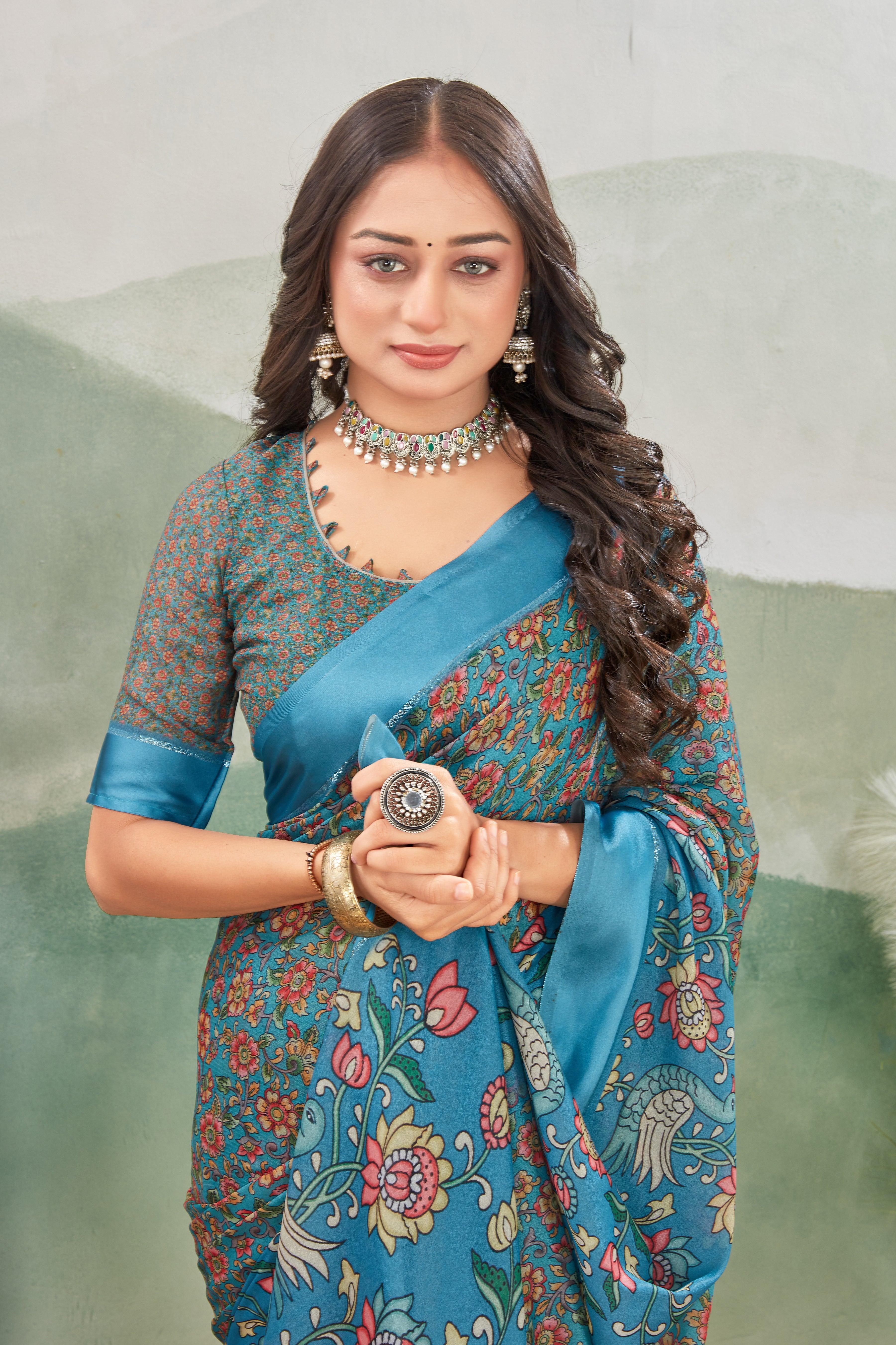 Elegance Redefined: Viscose Satin Border Mysore Silk with Exquisite Kalamkari Prints