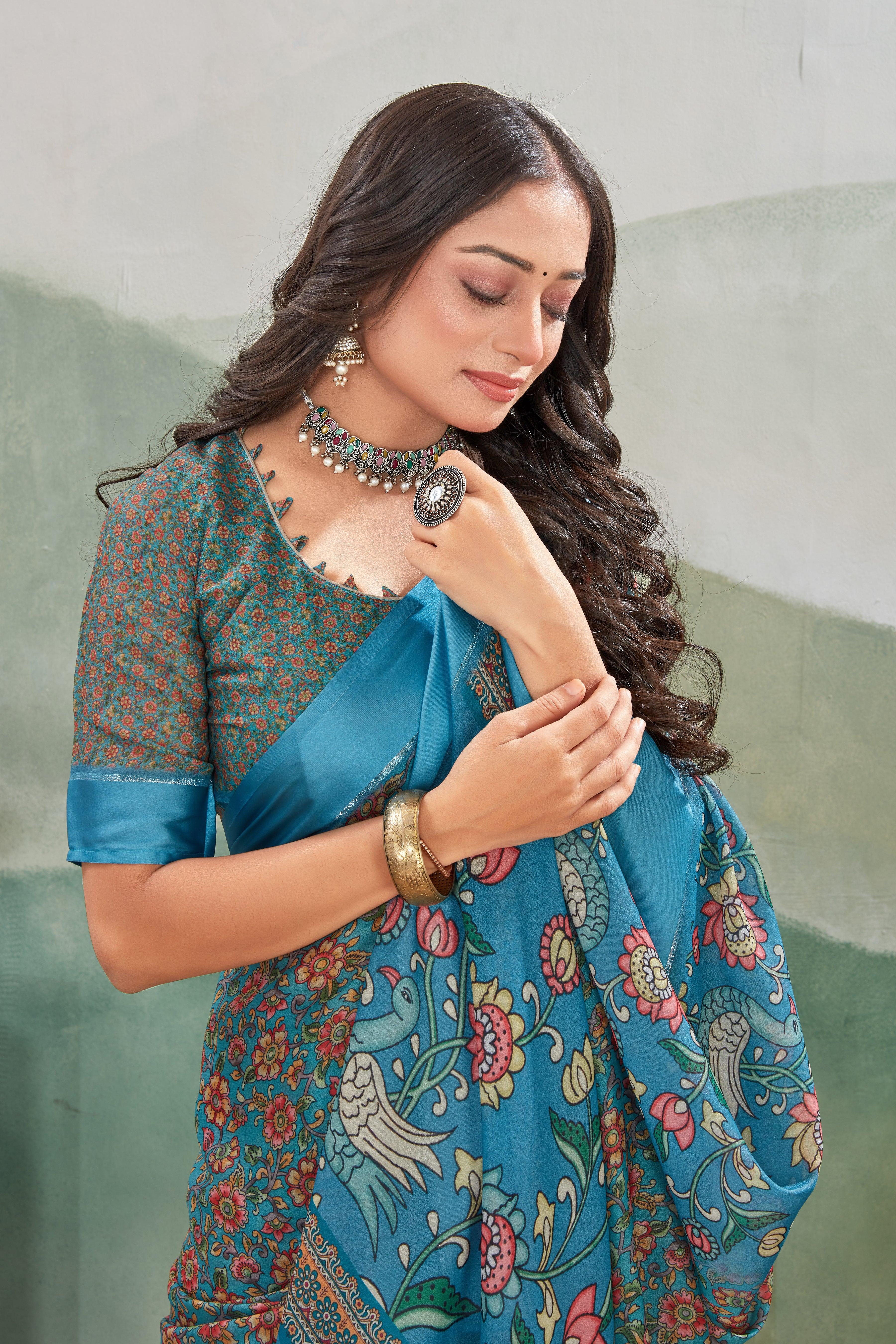 Elegance Redefined: Viscose Satin Border Mysore Silk with Exquisite Kalamkari Prints