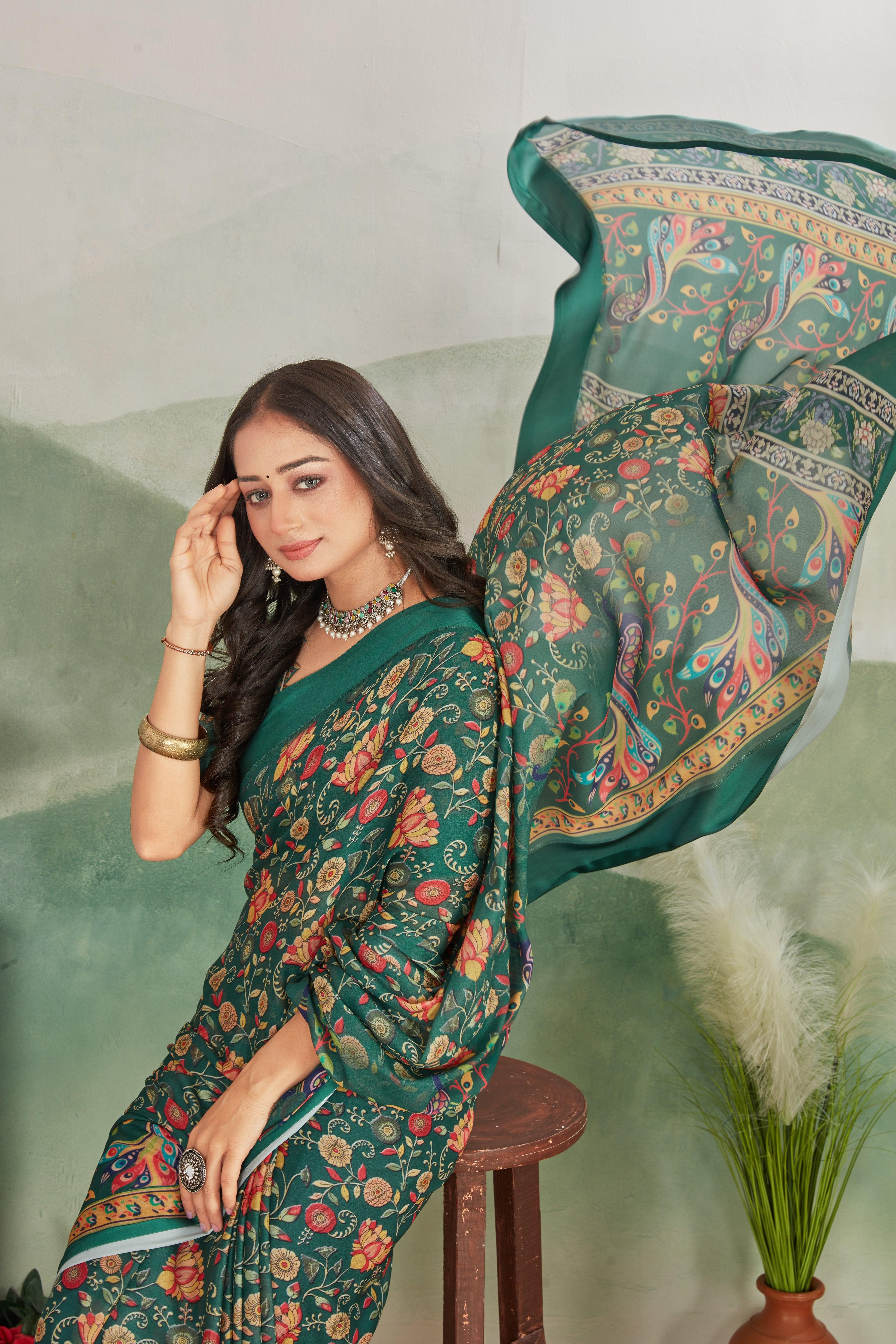 Matchless Grace: Soft Crepe Silk with Kalamkari Art and Matching Blouse