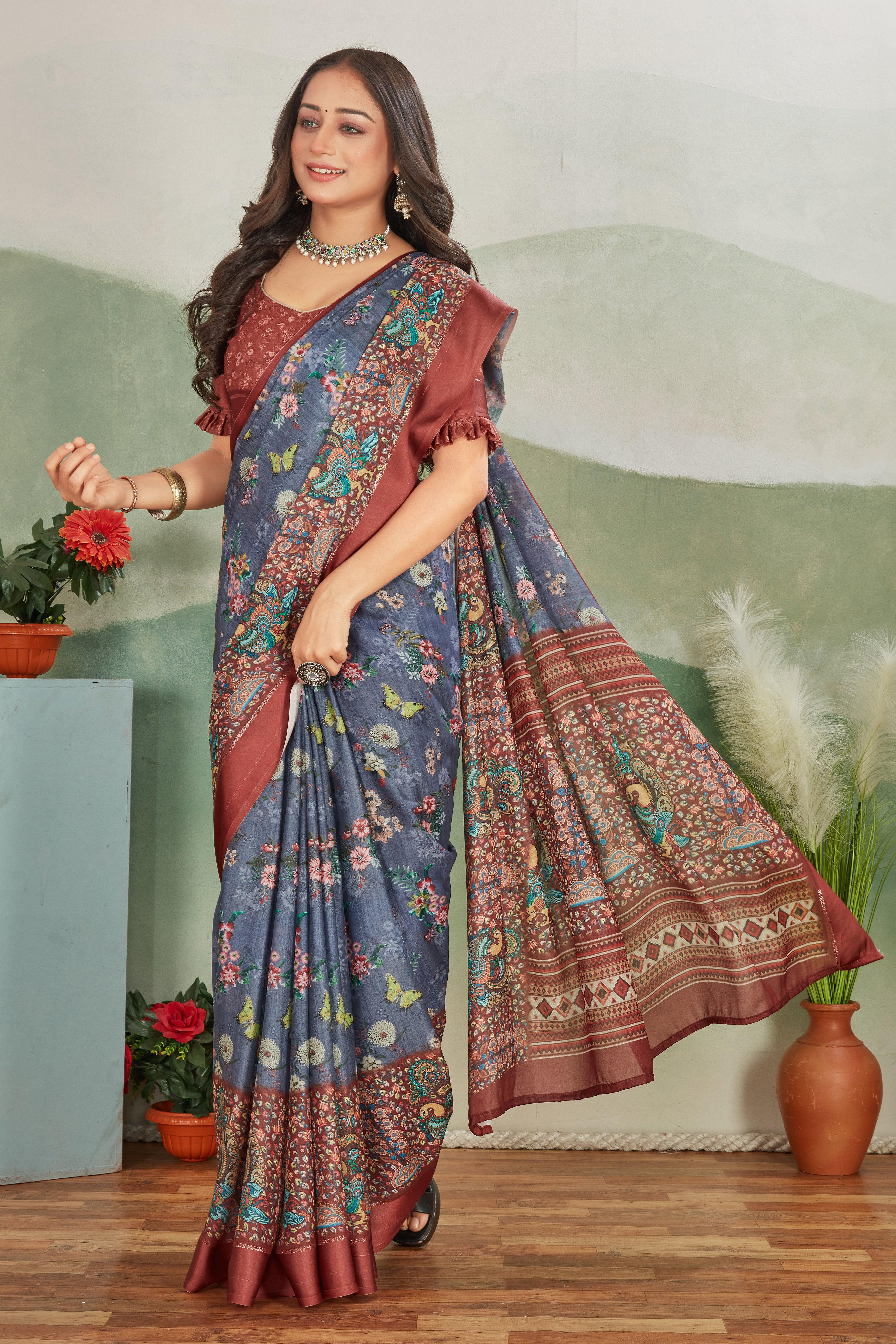 Glamour and Tradition: Viscose Satin Borders & Matching Blouse on Crepe Silk