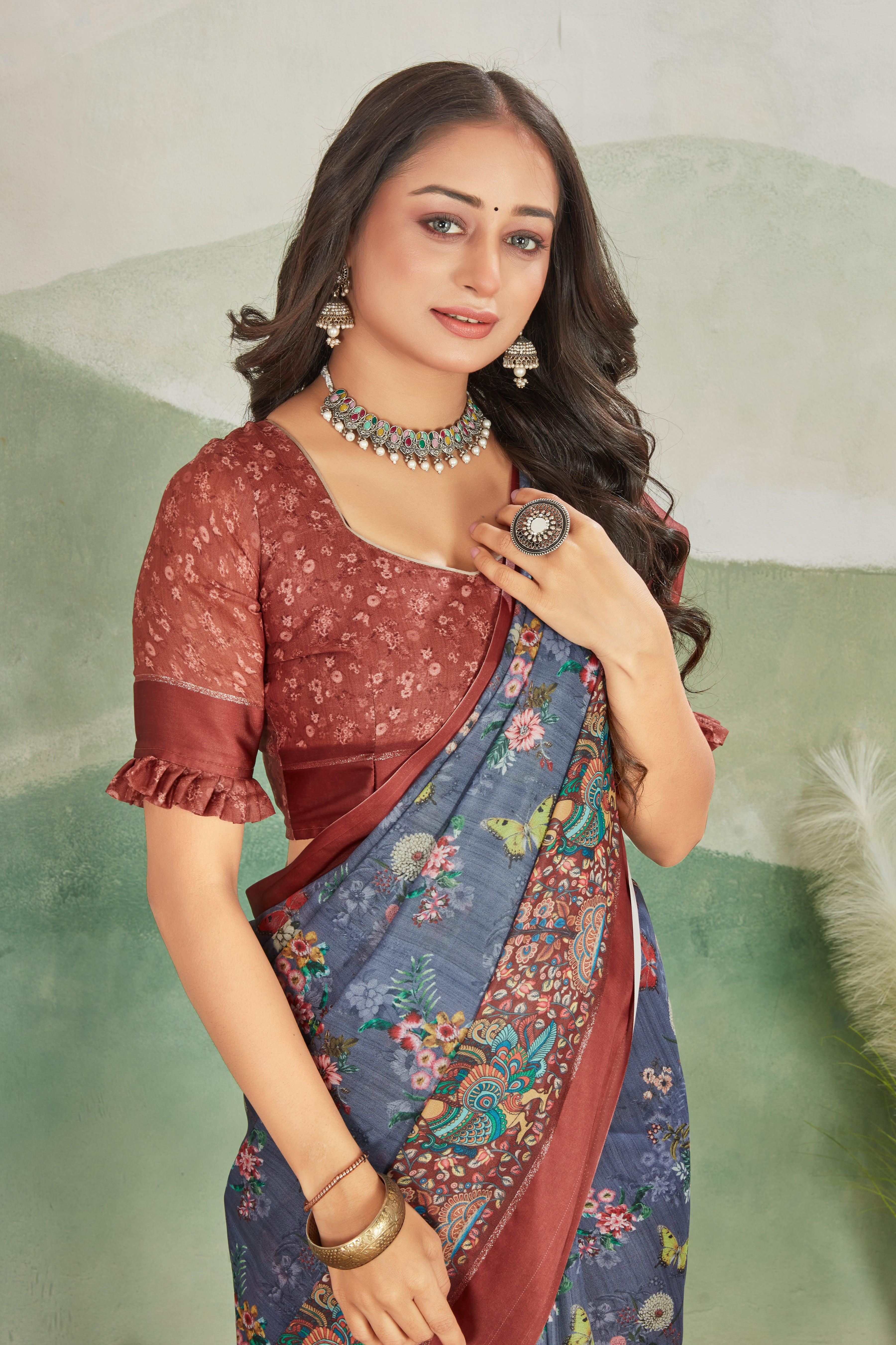 Glamour and Tradition: Viscose Satin Borders & Matching Blouse on Crepe Silk