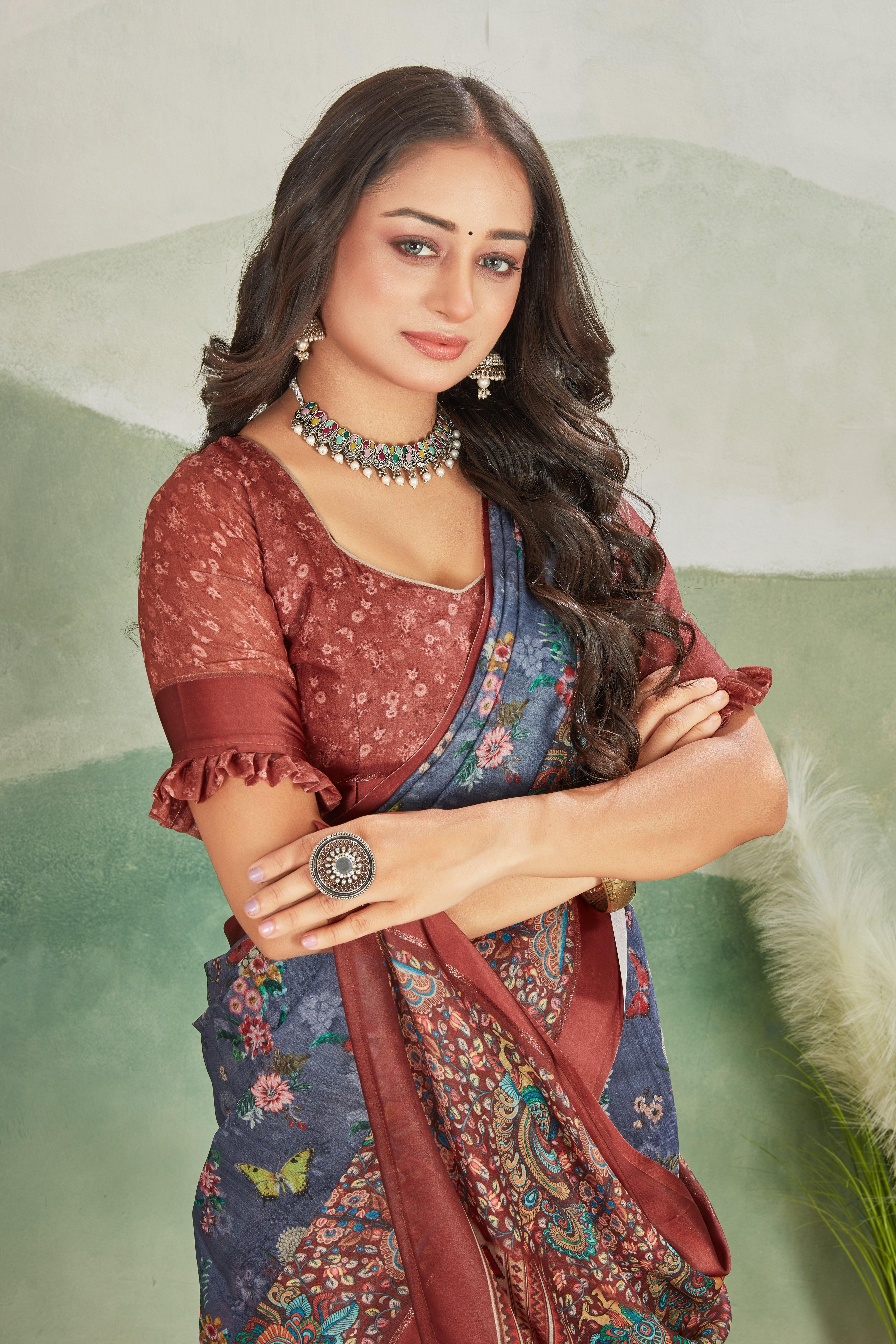 Glamour and Tradition: Viscose Satin Borders & Matching Blouse on Crepe Silk