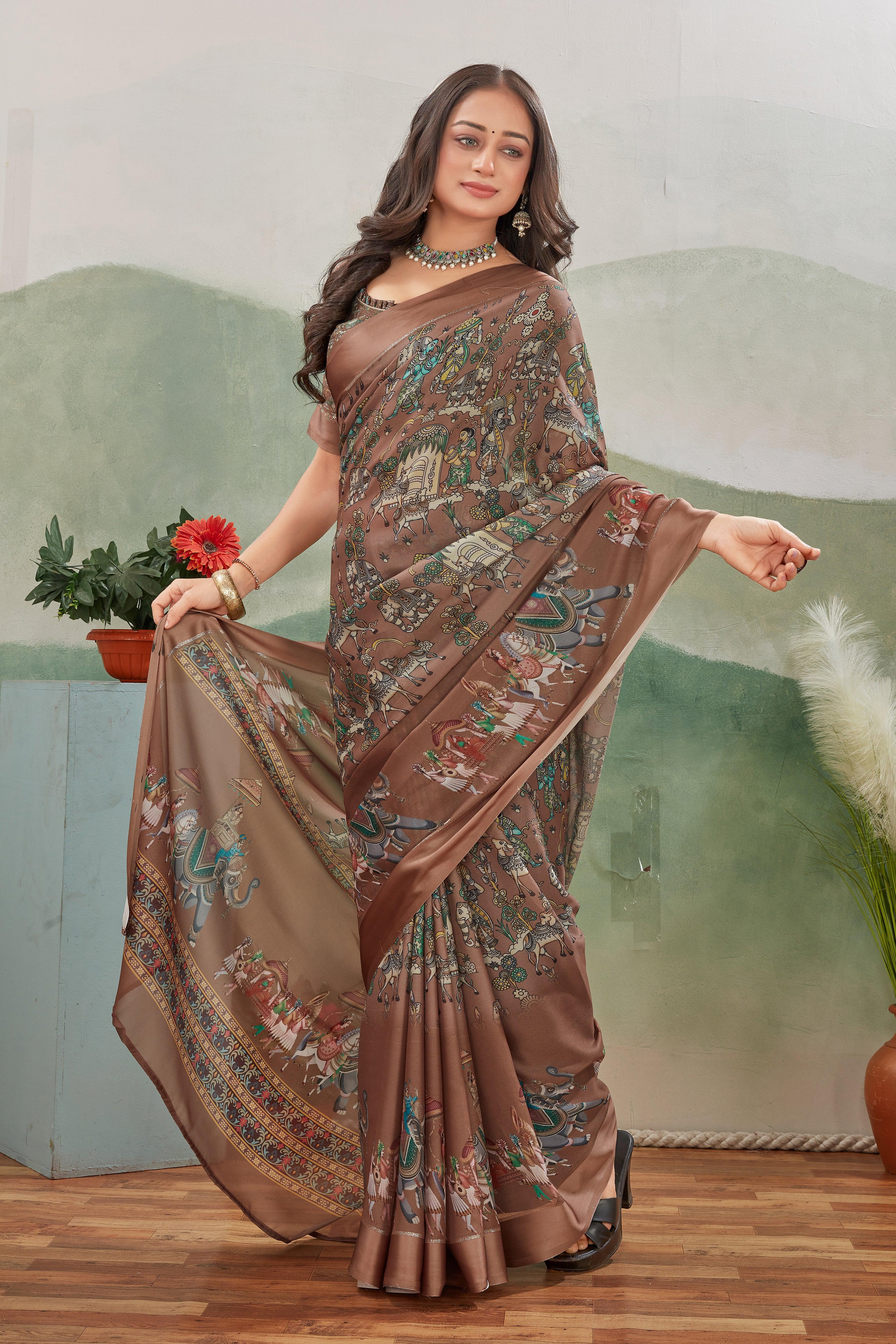 Classic Craftsmanship: Kalamkari Prints on Viscose Satin Border Silk