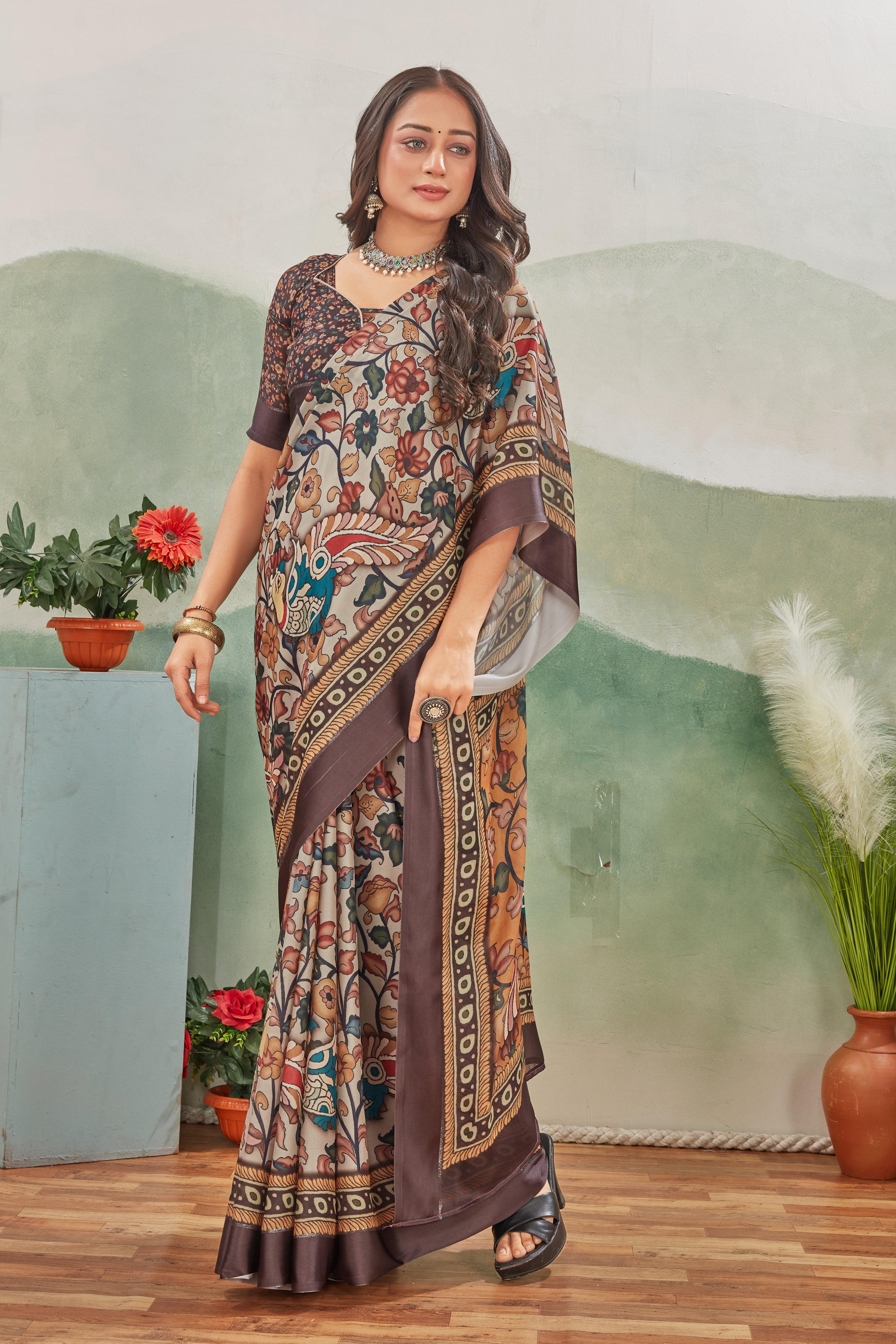 A Symphony of Colors: Kalamkari Prints and Pallu Design on Crepe Silk