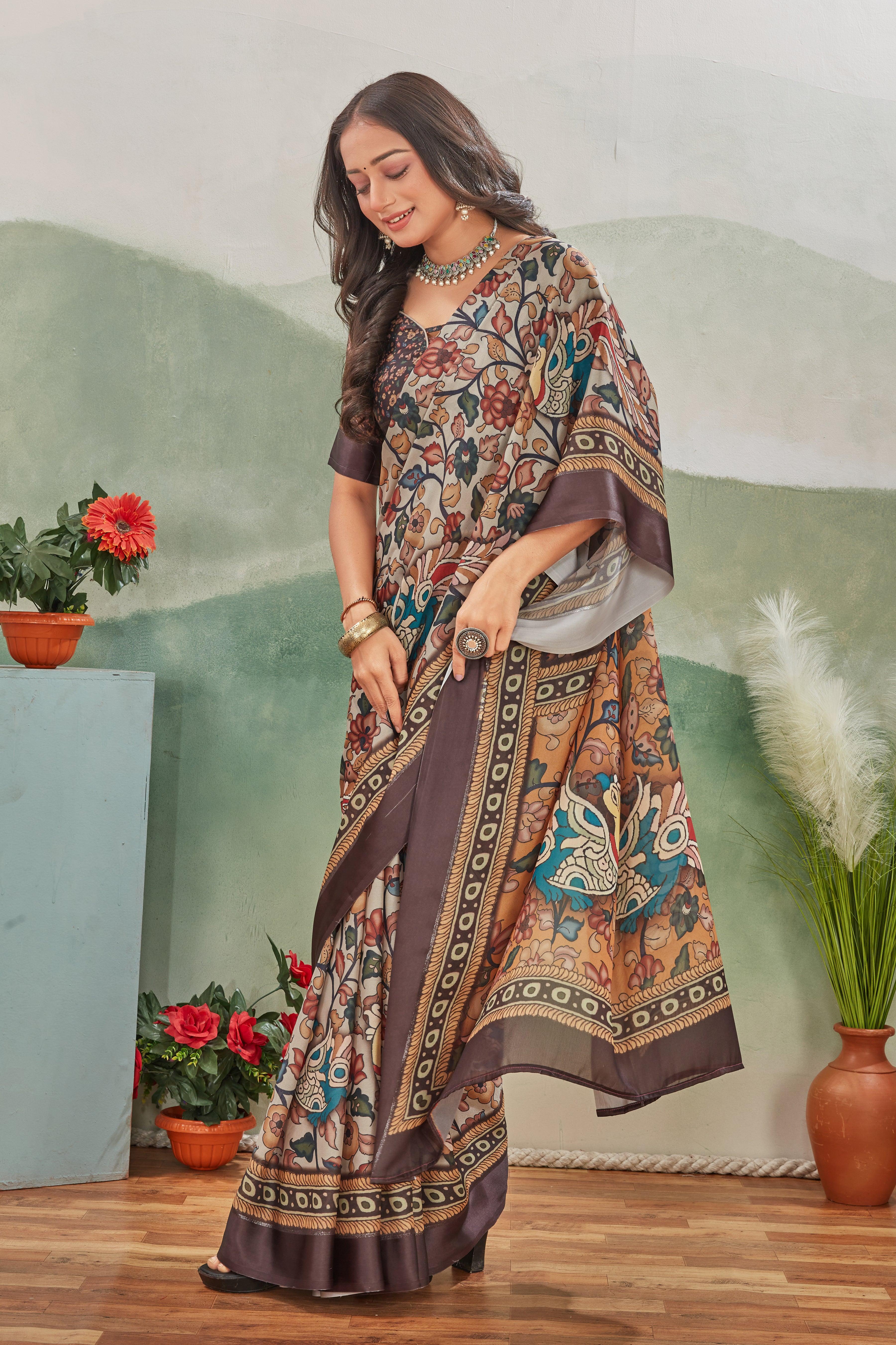 A Symphony of Colors: Kalamkari Prints and Pallu Design on Crepe Silk