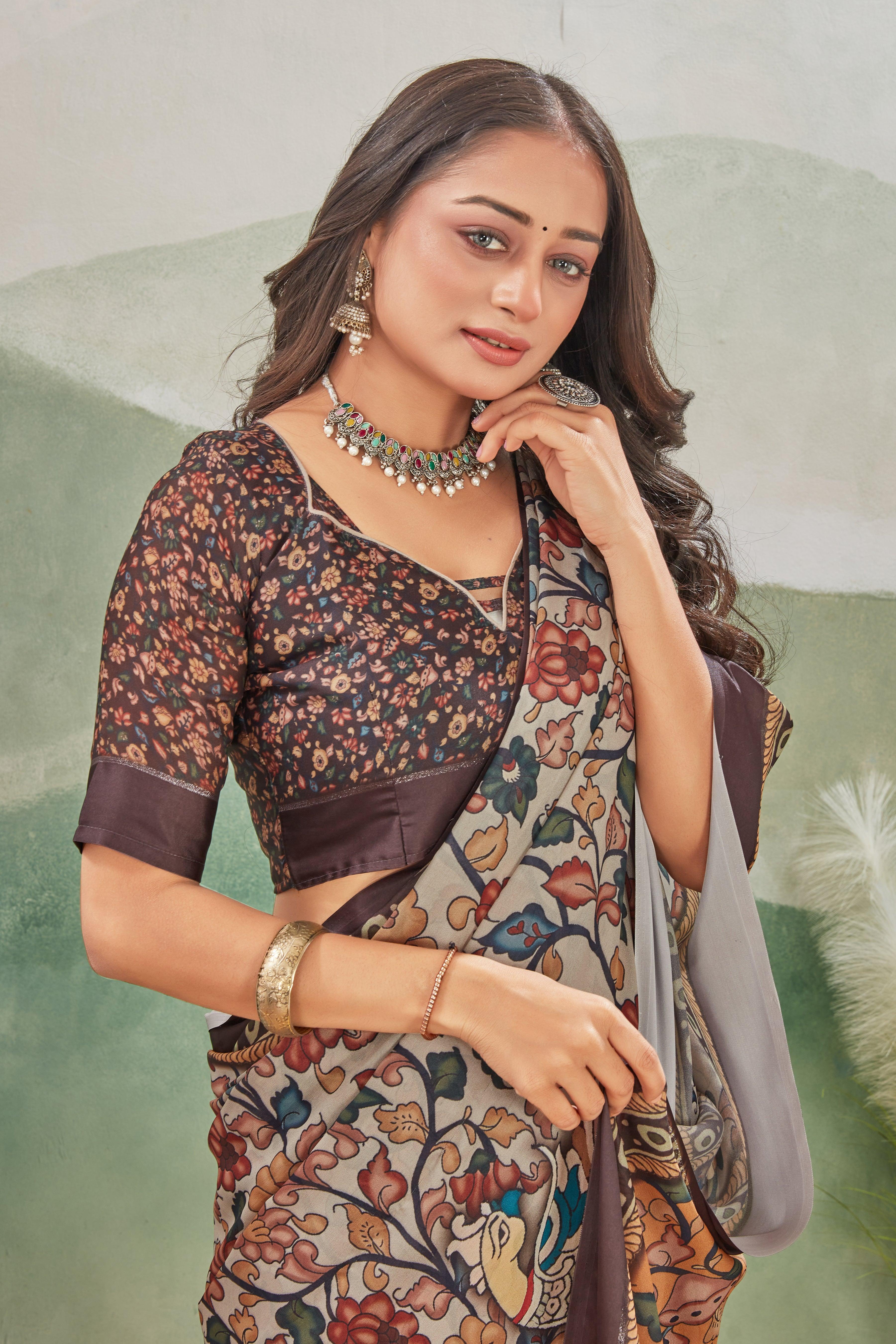 A Symphony of Colors: Kalamkari Prints and Pallu Design on Crepe Silk