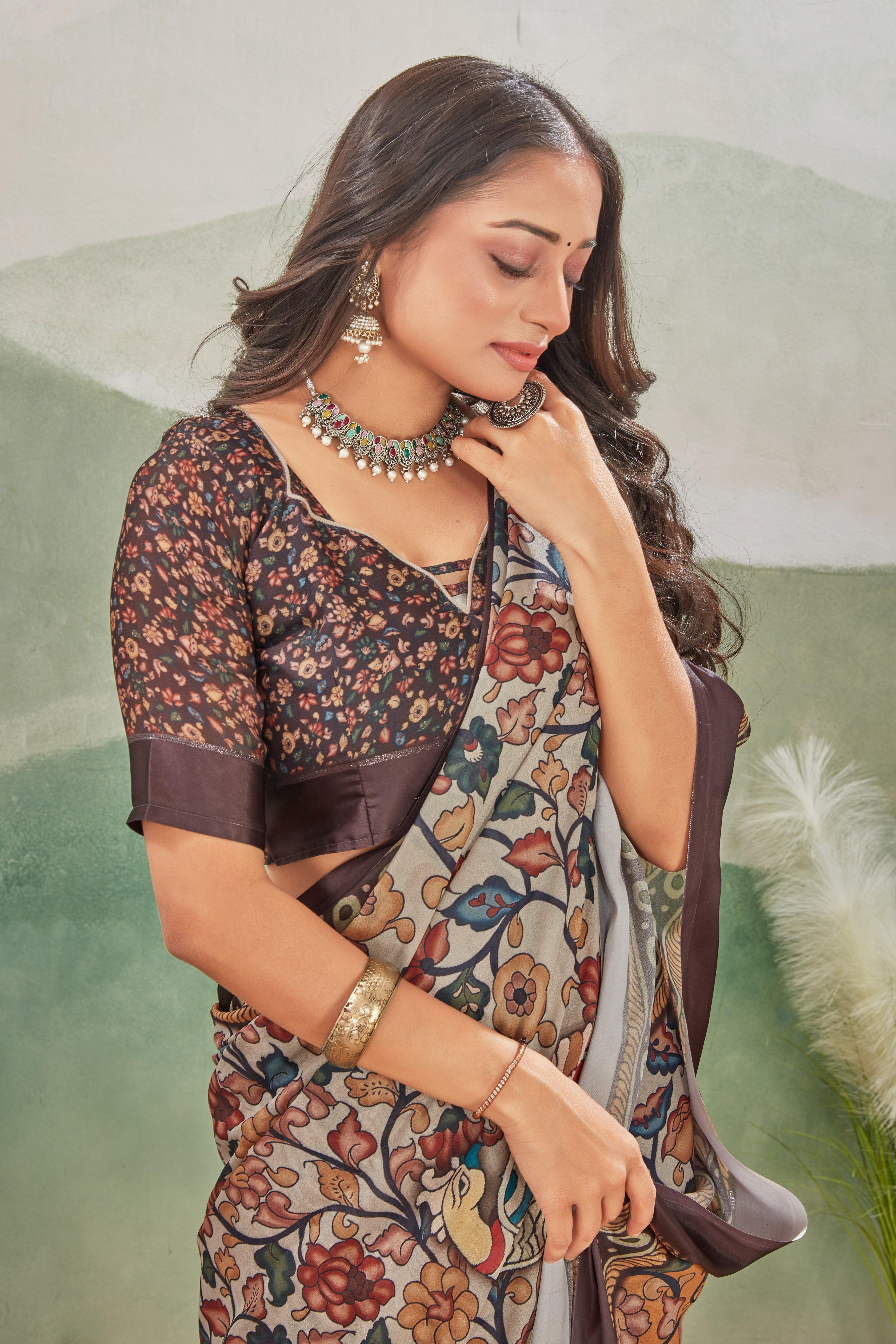 A Symphony of Colors: Kalamkari Prints and Pallu Design on Crepe Silk