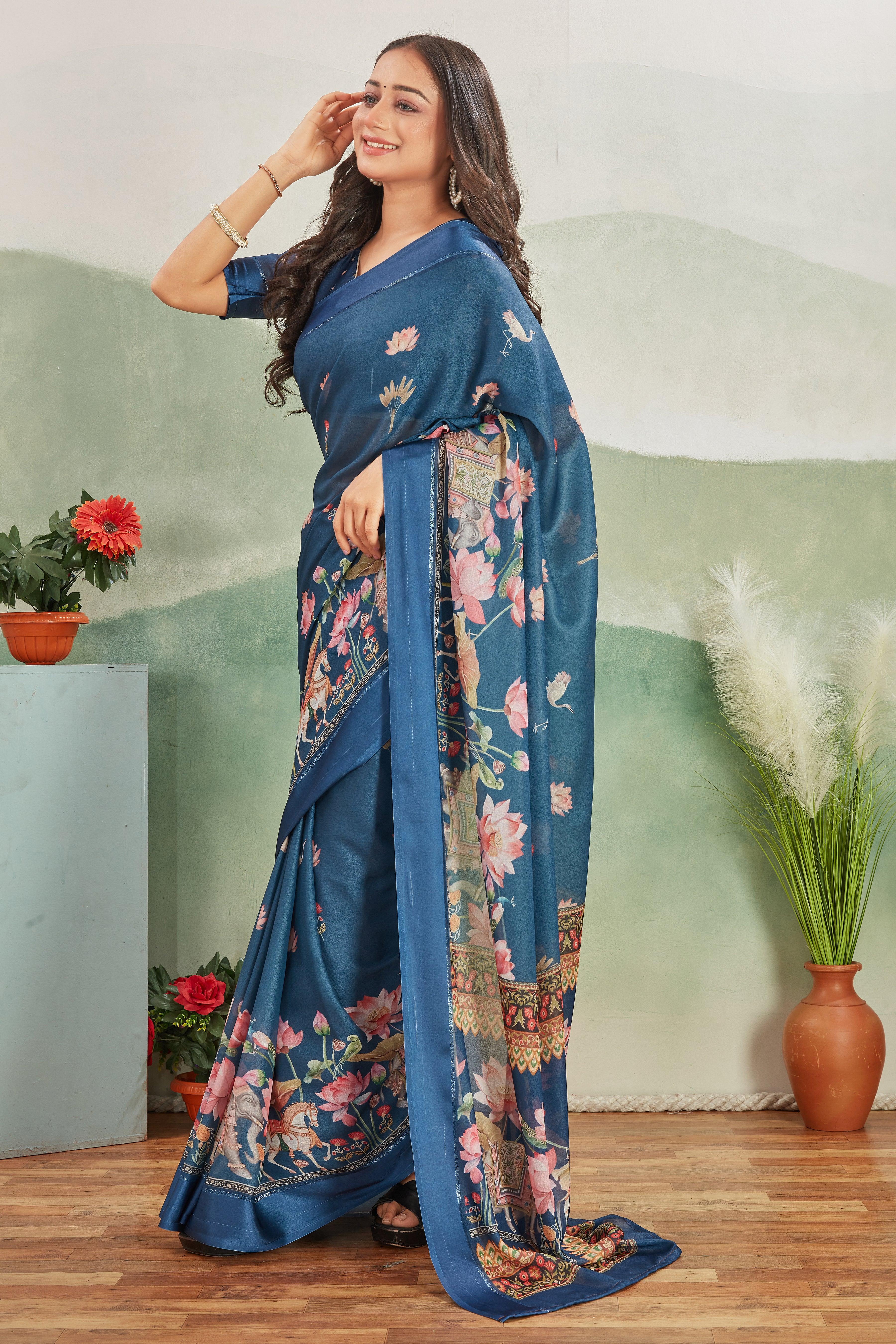 Art Meets Elegance: Kalamkari Prints and Viscose Satin Borders on Crepe Silk
