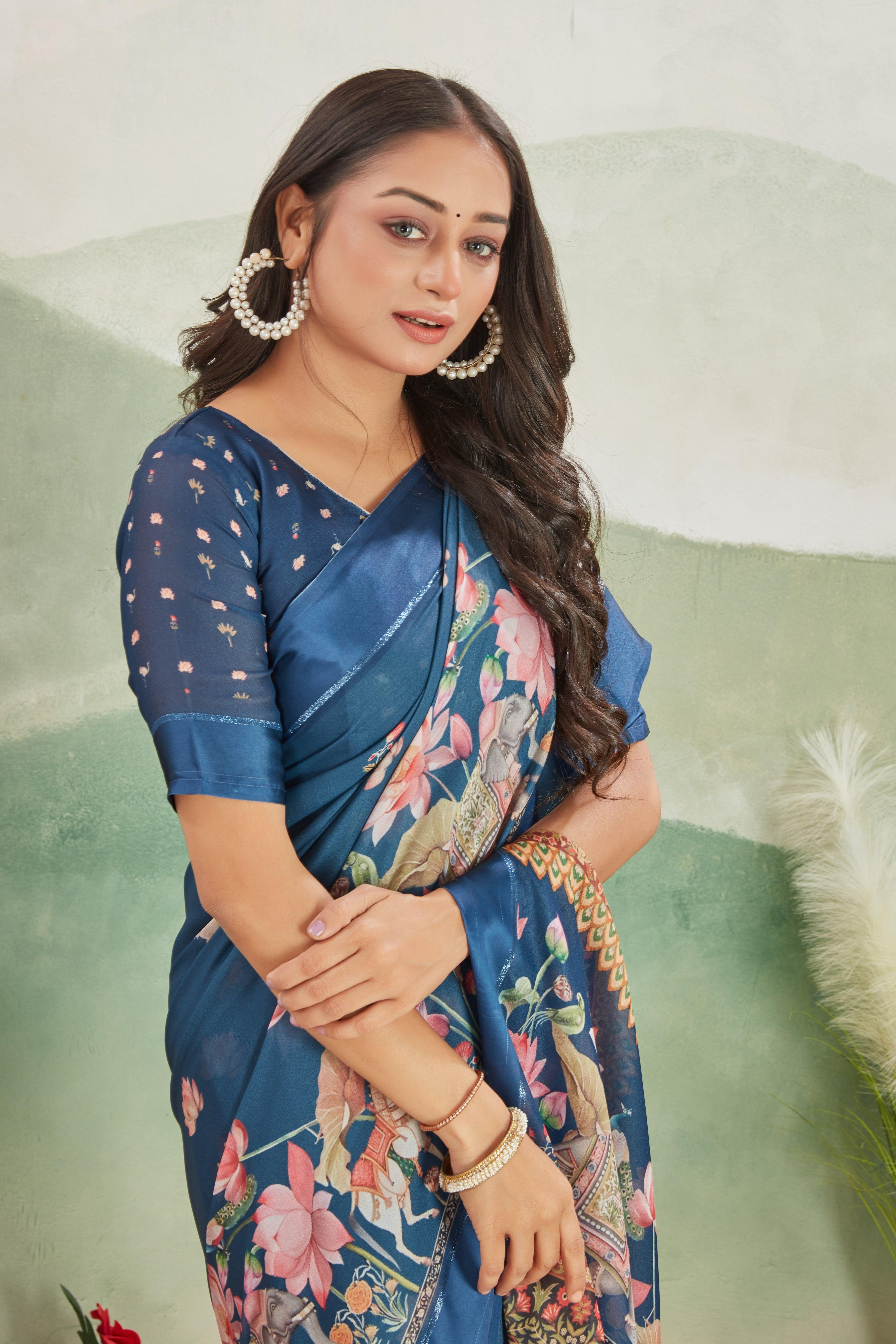 Art Meets Elegance: Kalamkari Prints and Viscose Satin Borders on Crepe Silk