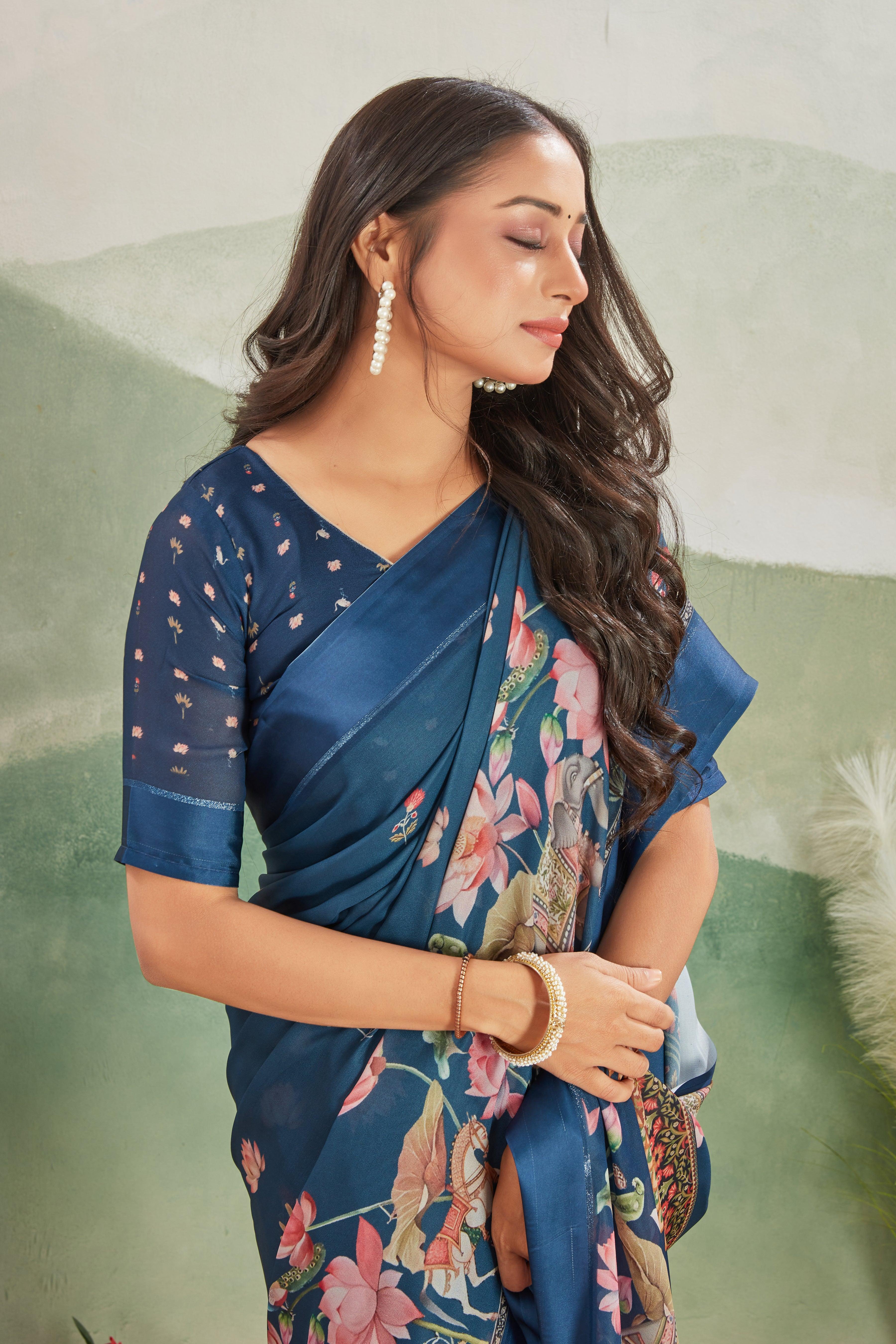 Art Meets Elegance: Kalamkari Prints and Viscose Satin Borders on Crepe Silk
