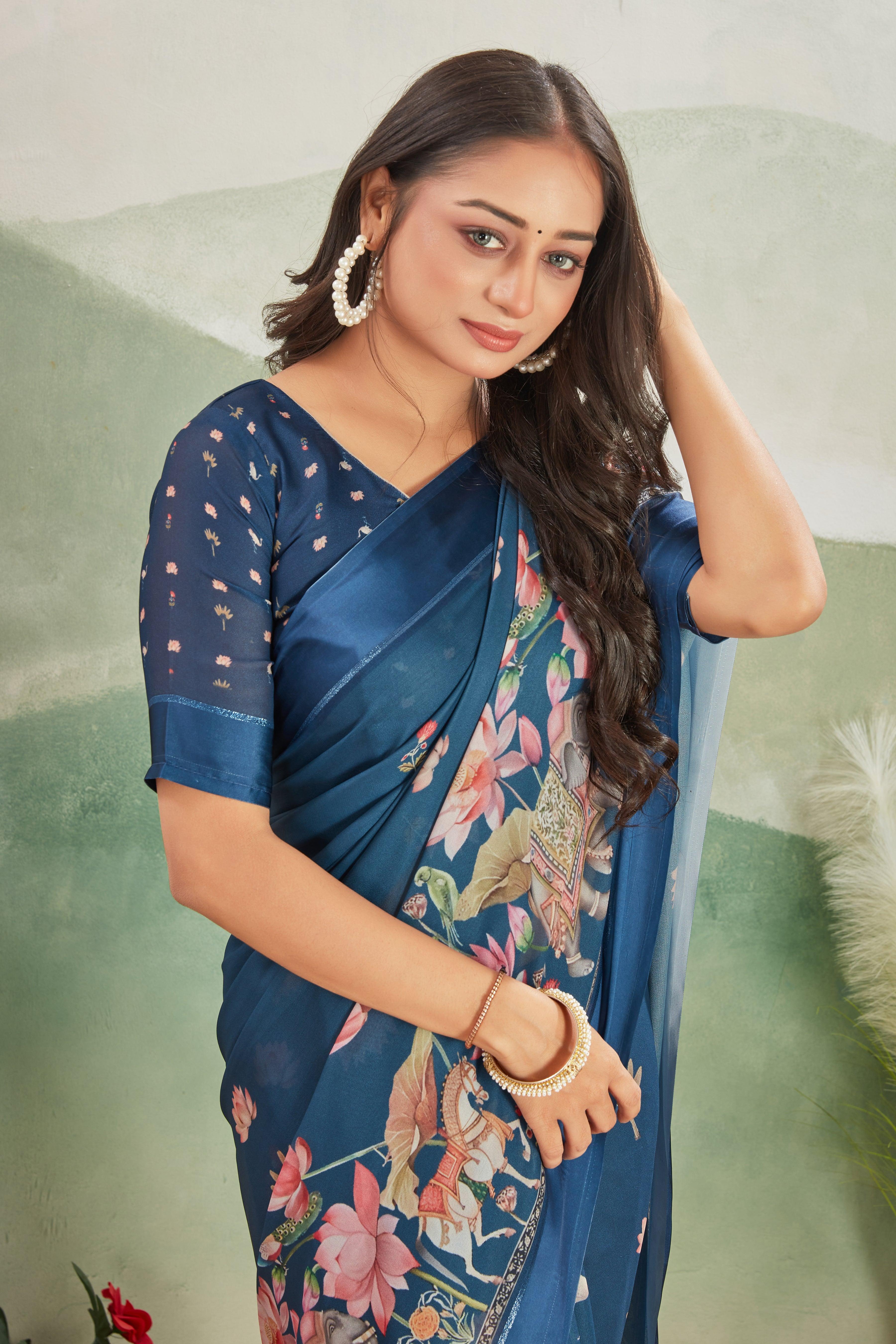 Art Meets Elegance: Kalamkari Prints and Viscose Satin Borders on Crepe Silk