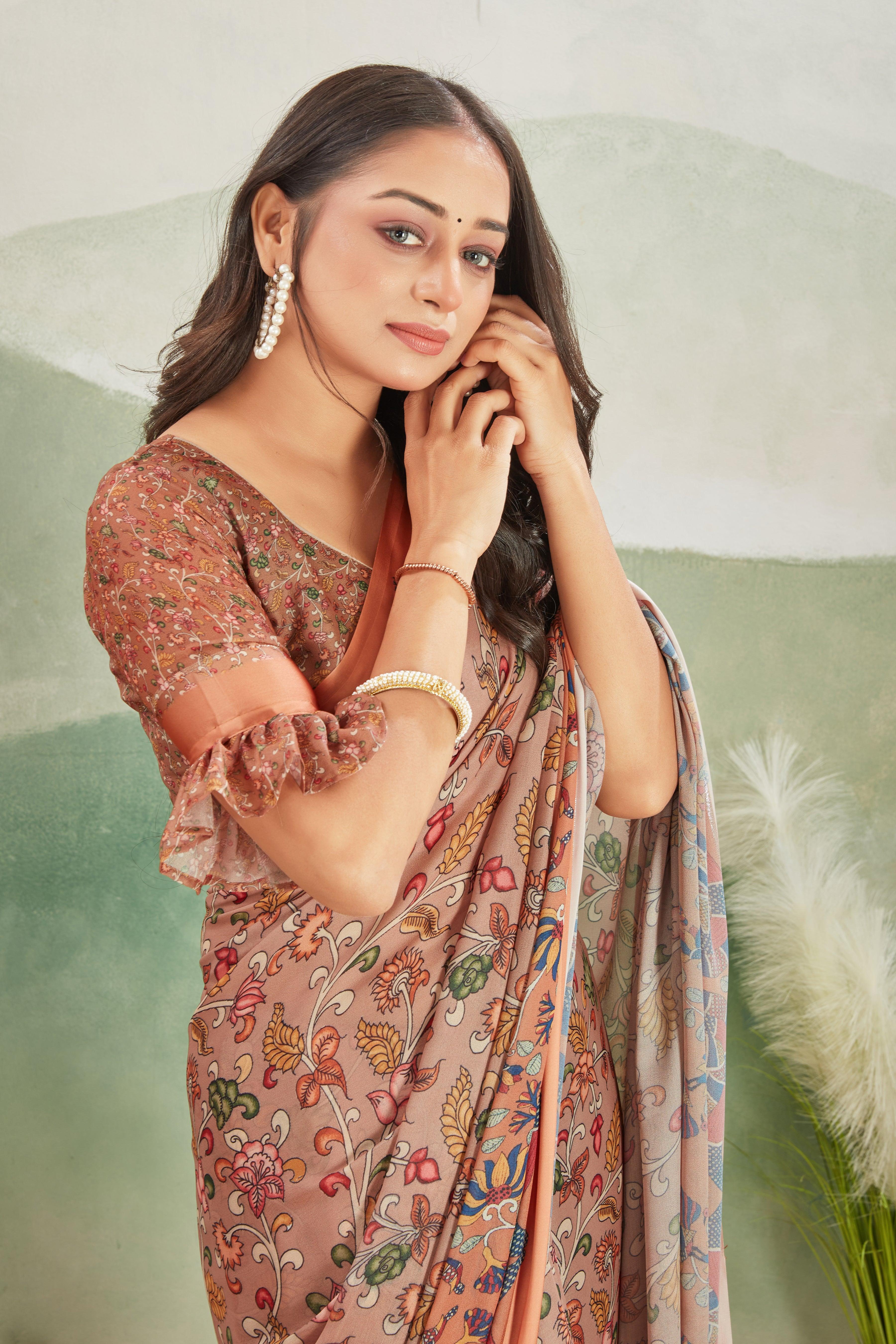 Crafted for Perfection: Crepe Silk with Kalamkari and Matching Blouse
