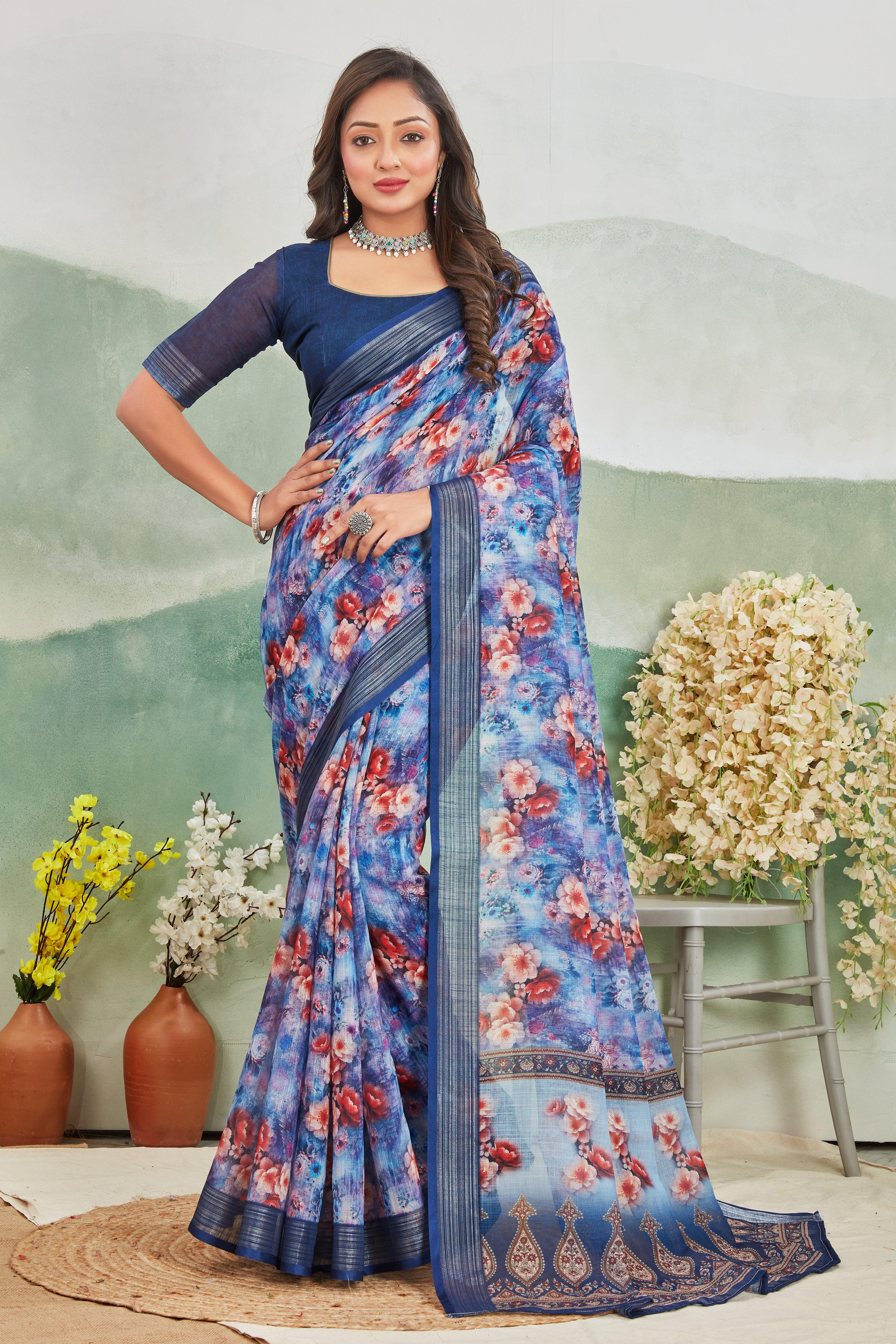 Serene Sky: Pure Linen Saree in Blue for Every Occasion