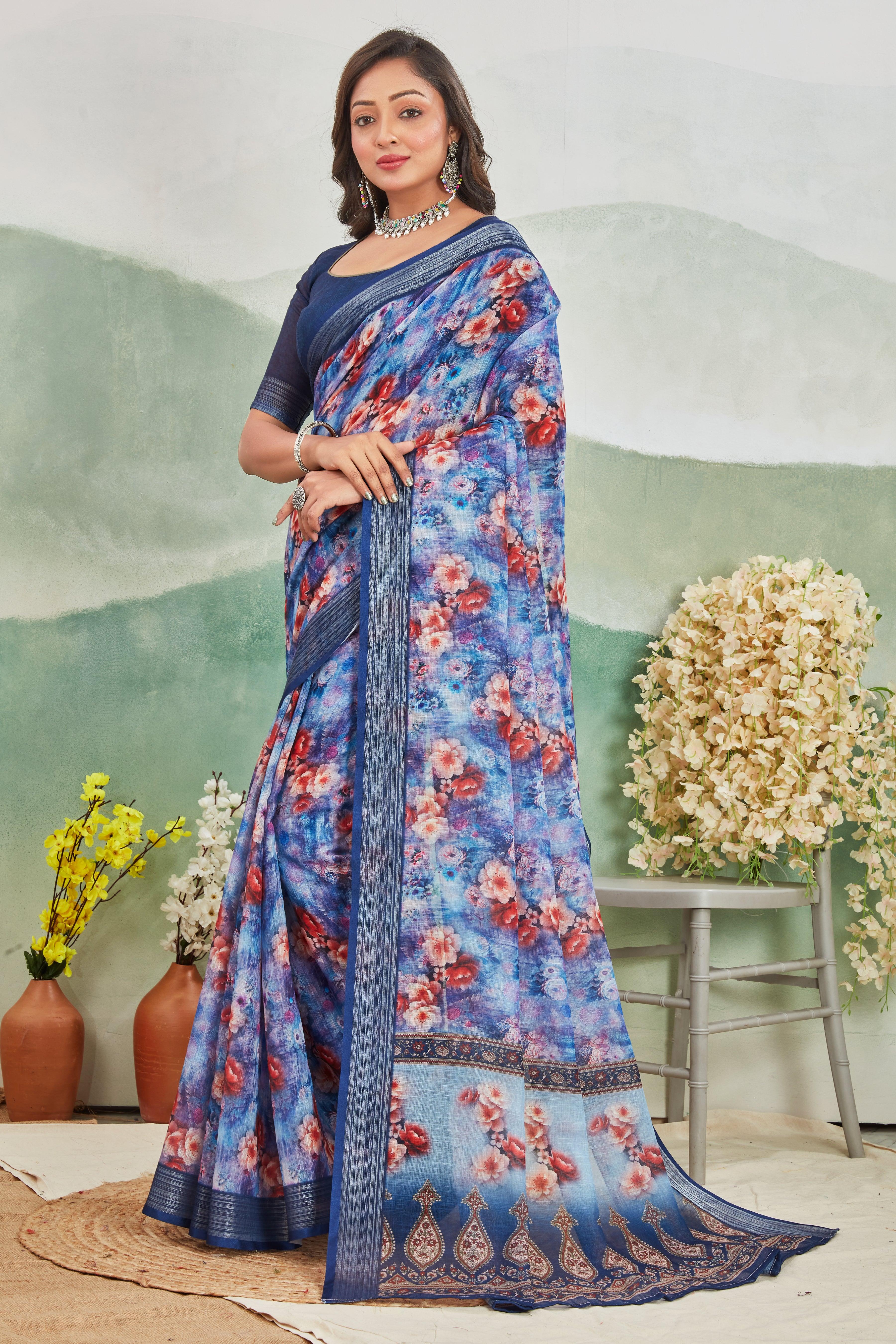 Serene Sky: Pure Linen Saree in Blue for Every Occasion