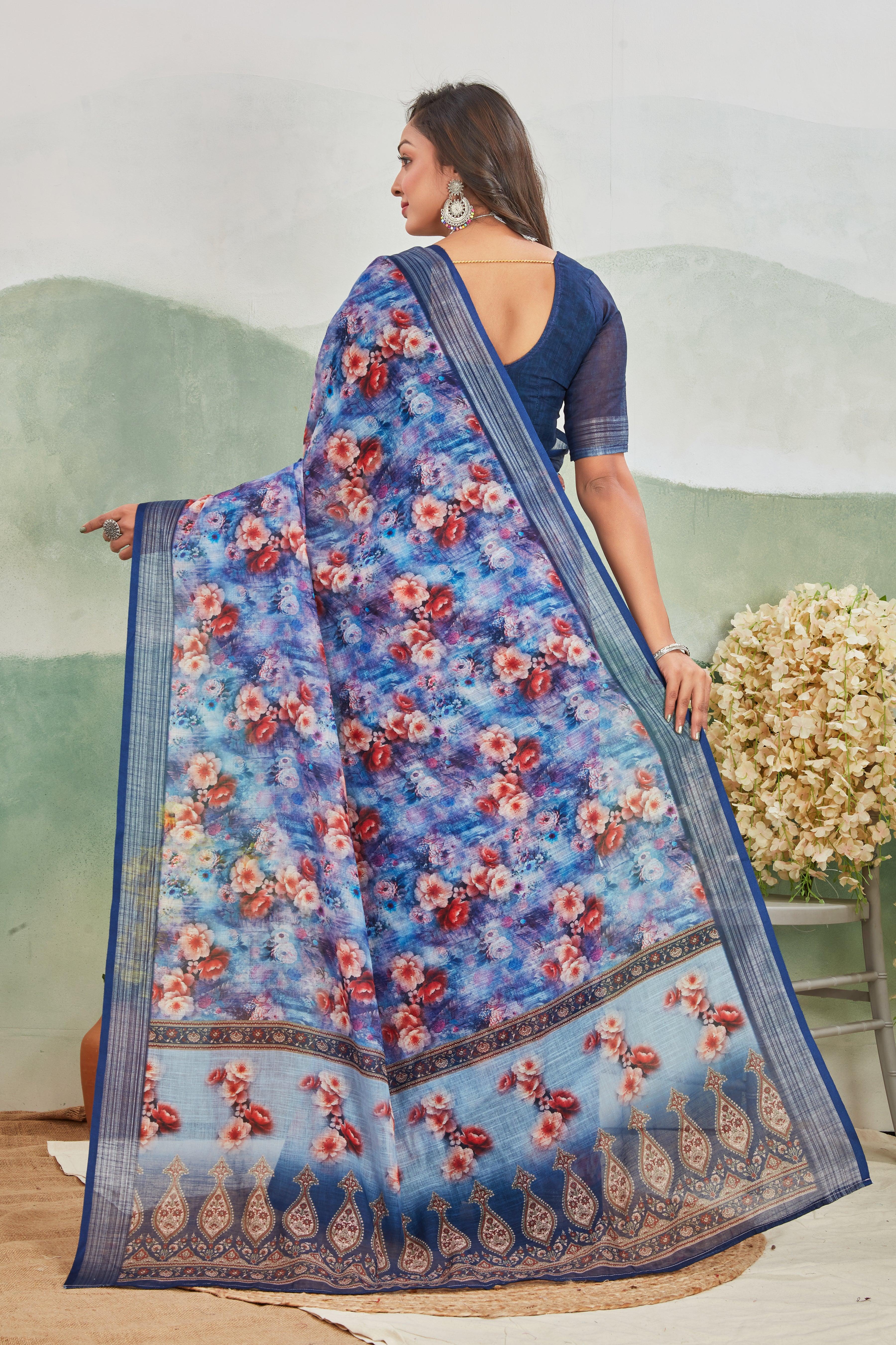 Serene Sky: Pure Linen Saree in Blue for Every Occasion